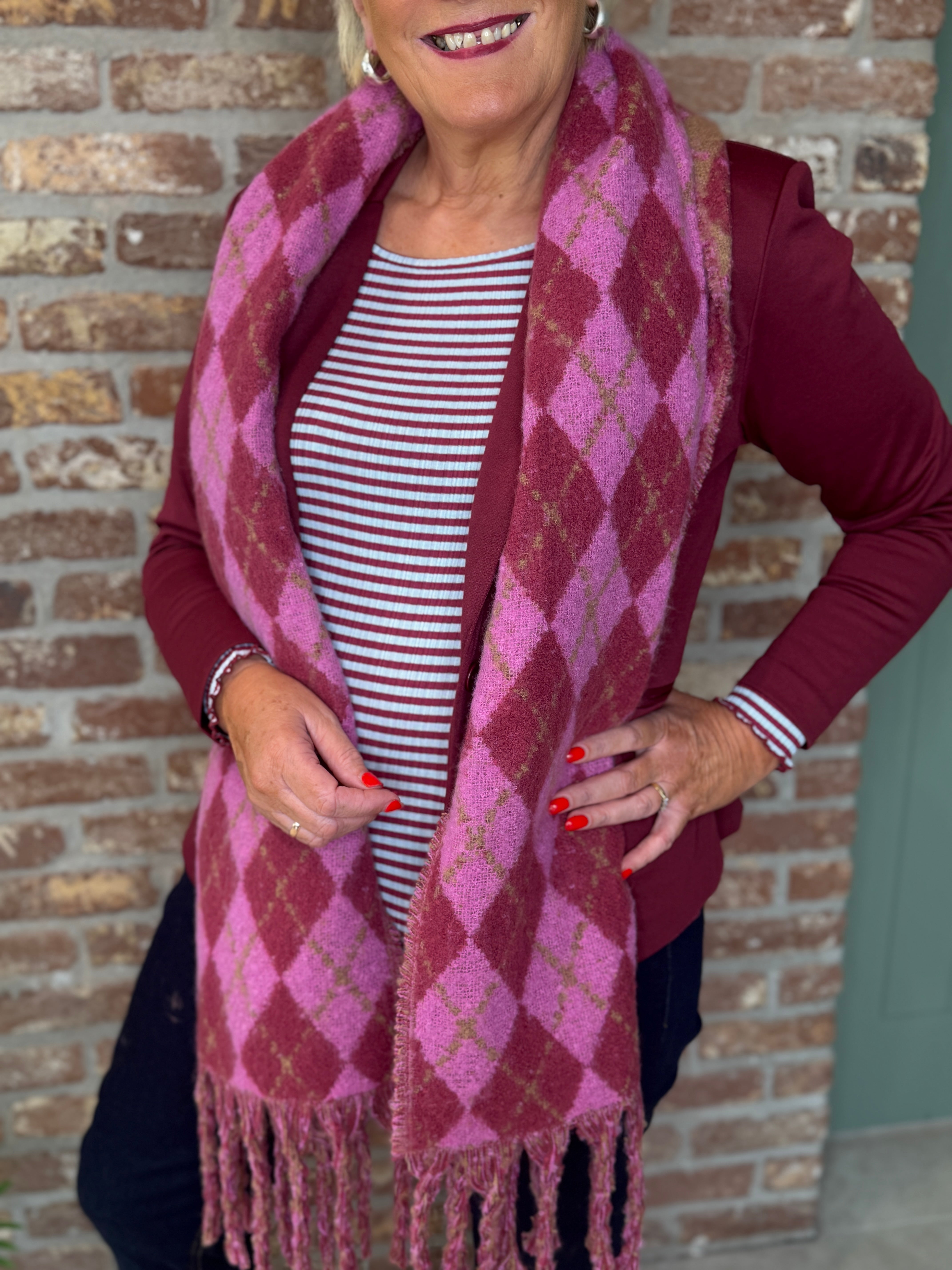 Patterned Tassel Scarf In Red multi