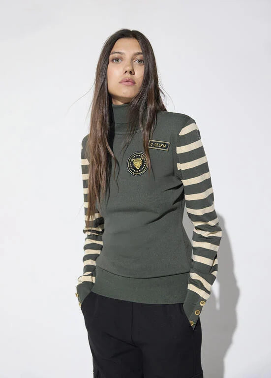 Military style striped jumper in khaki