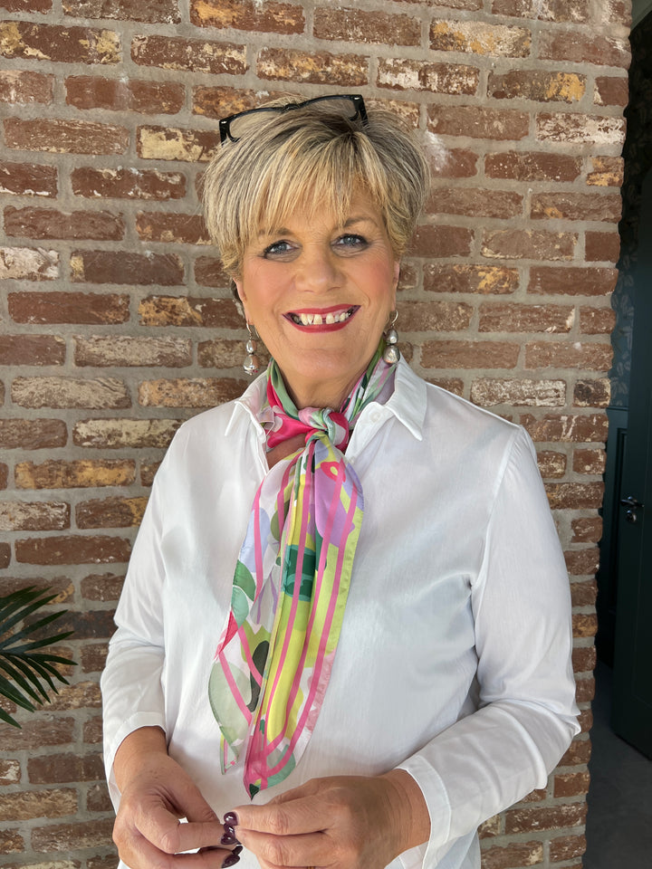 Pipa Floral Neck Silk Scarf In Pink & Green