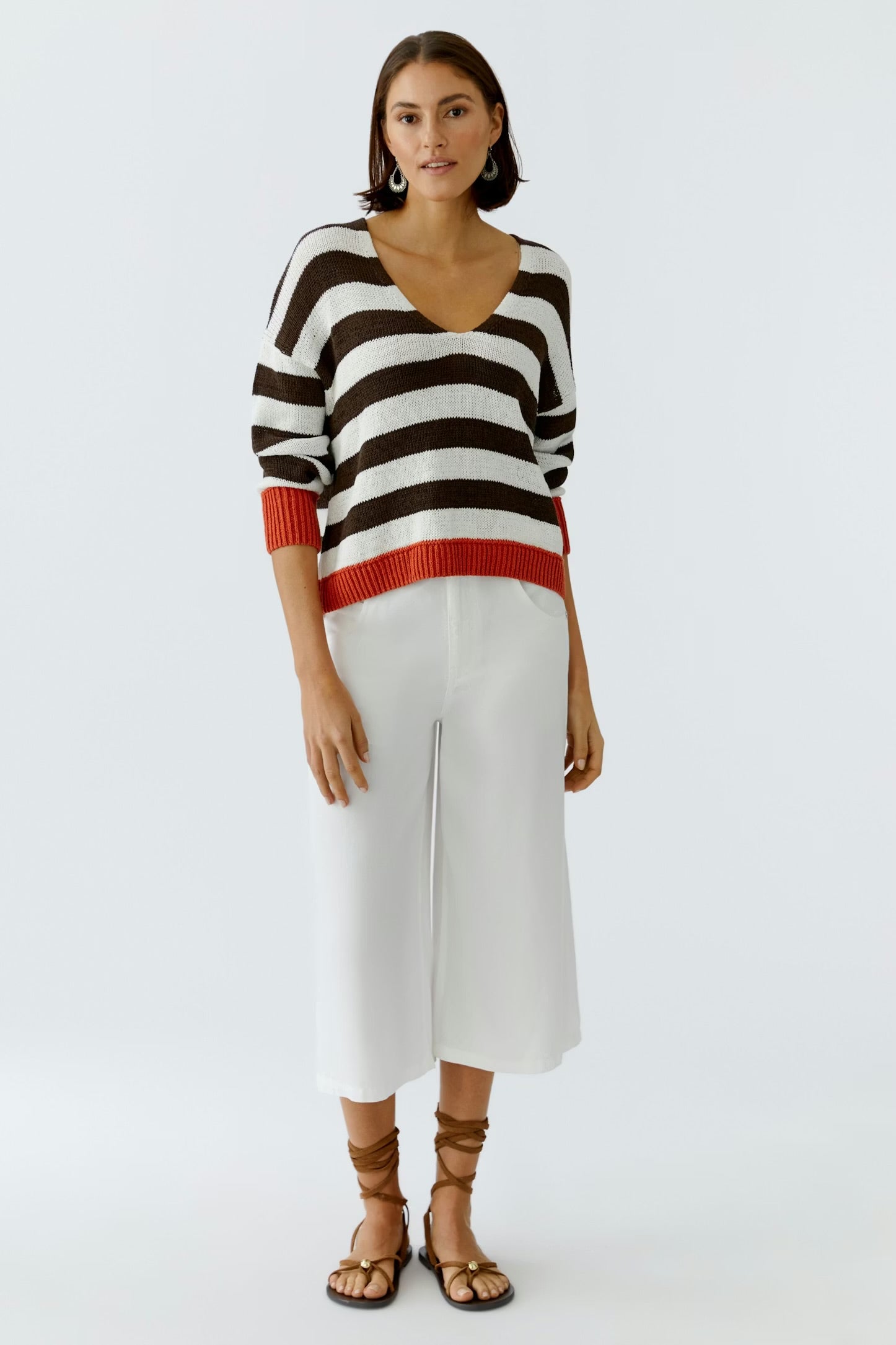 Oui Striped Pullover In White & Brown