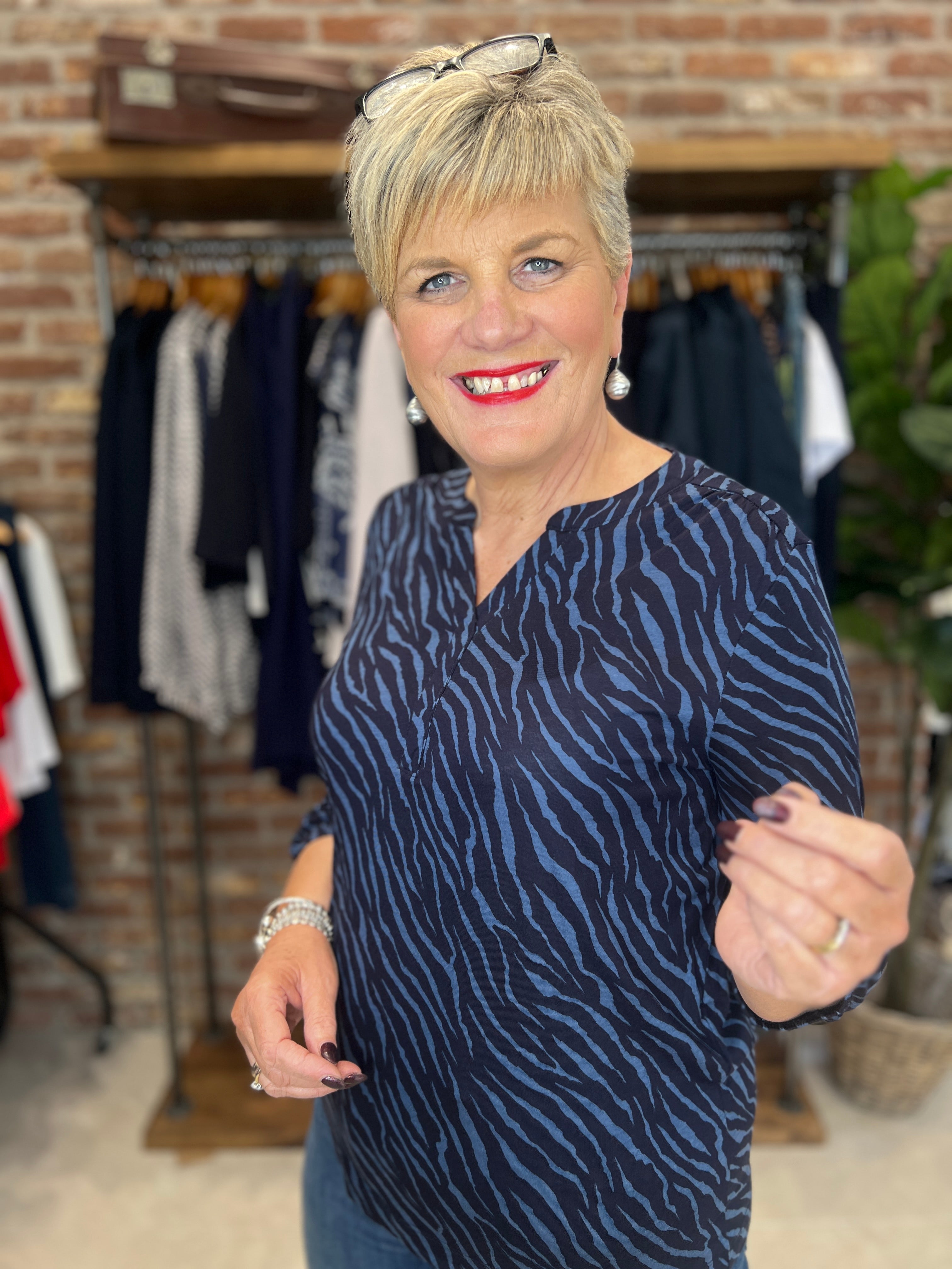 Cecil Split Neck Top In Urban dark blue