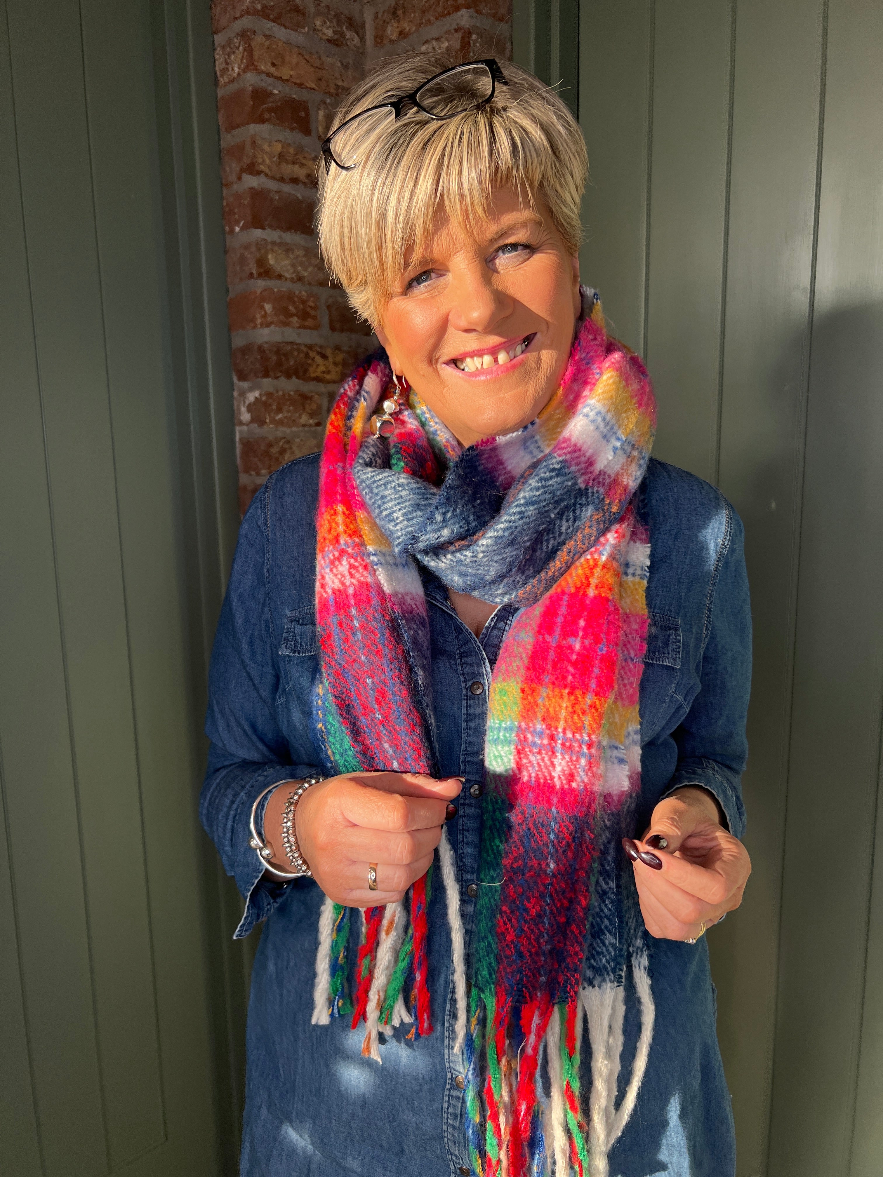 Sophie Tartan Blanket Scarf In Navy