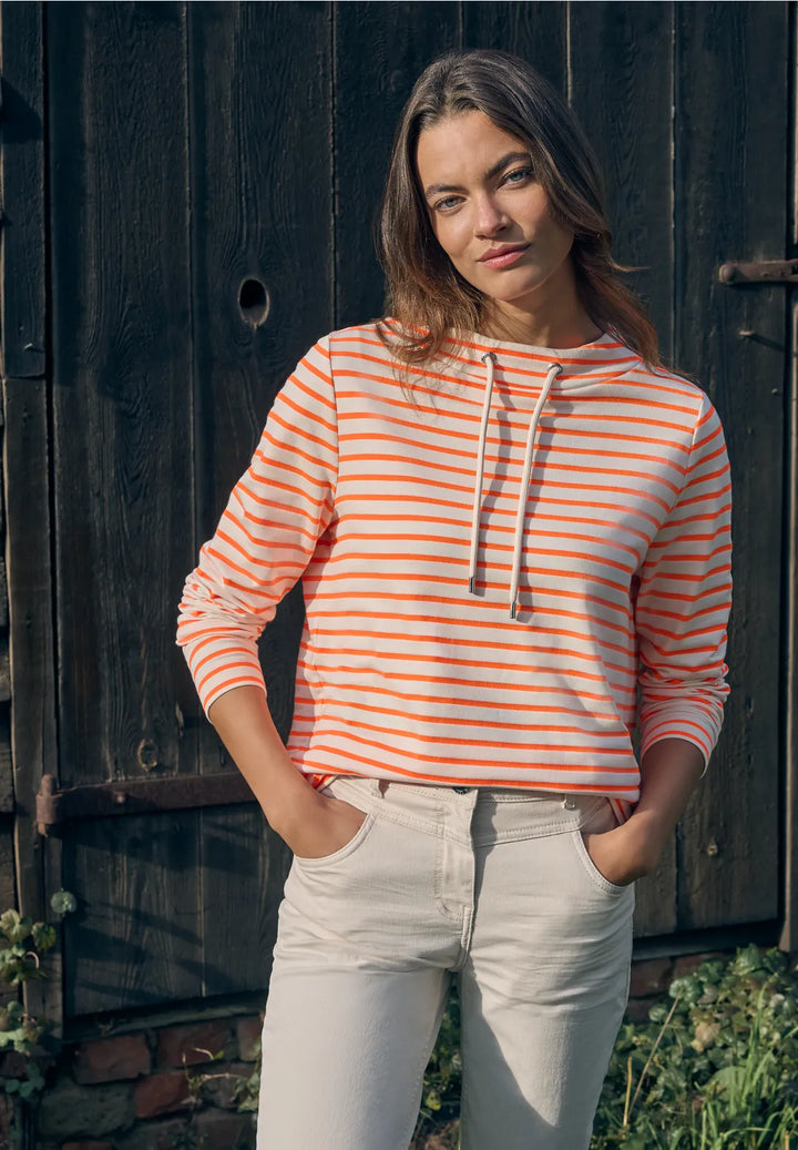 Cecil Striped Funnel Neck Sweatshirt In pearl Beige