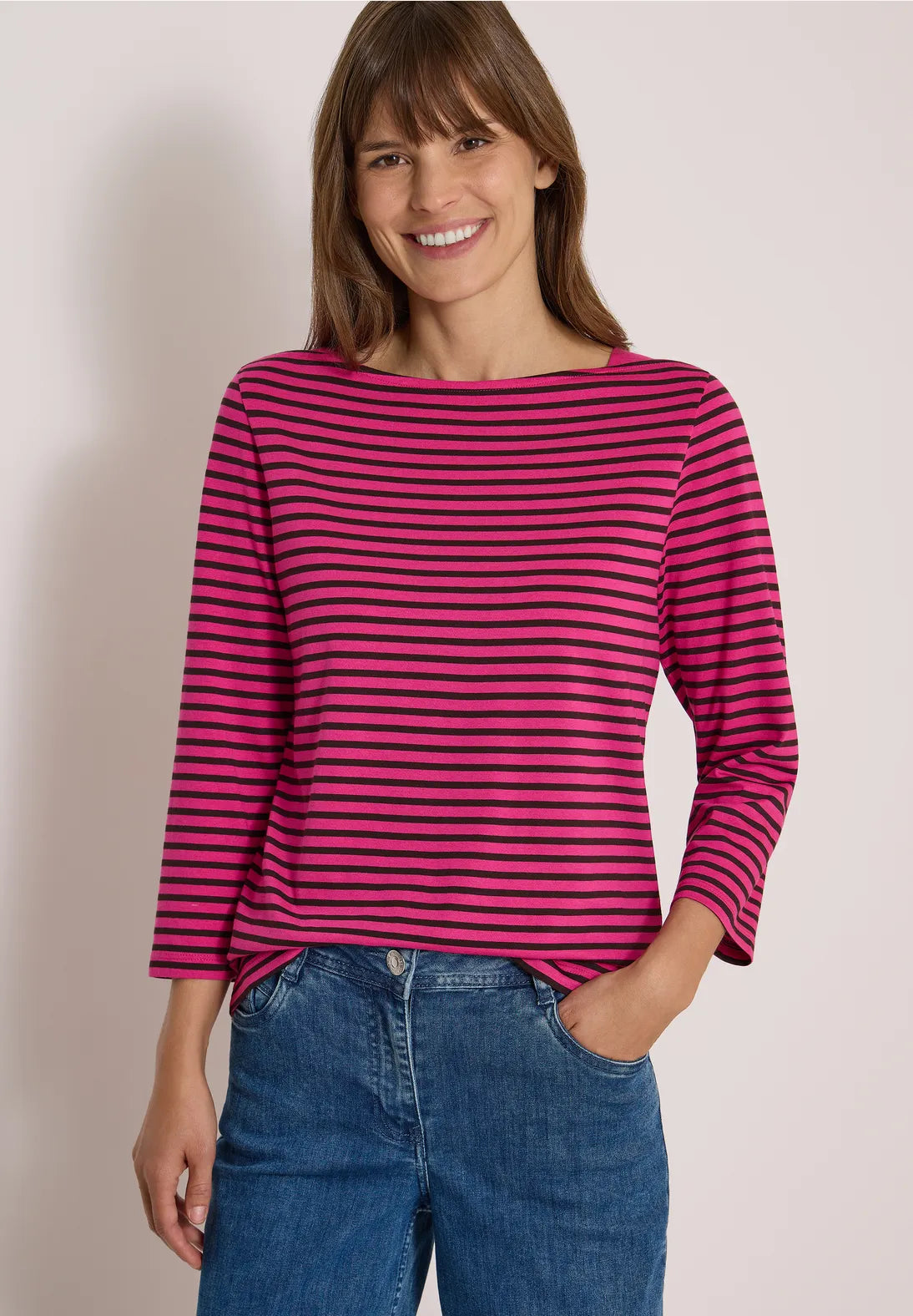 Striped boat neck top in pink & brown