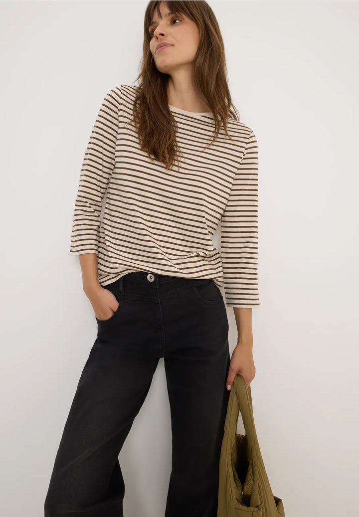 Cecil Basic Striped Top In Oat Milk Beige