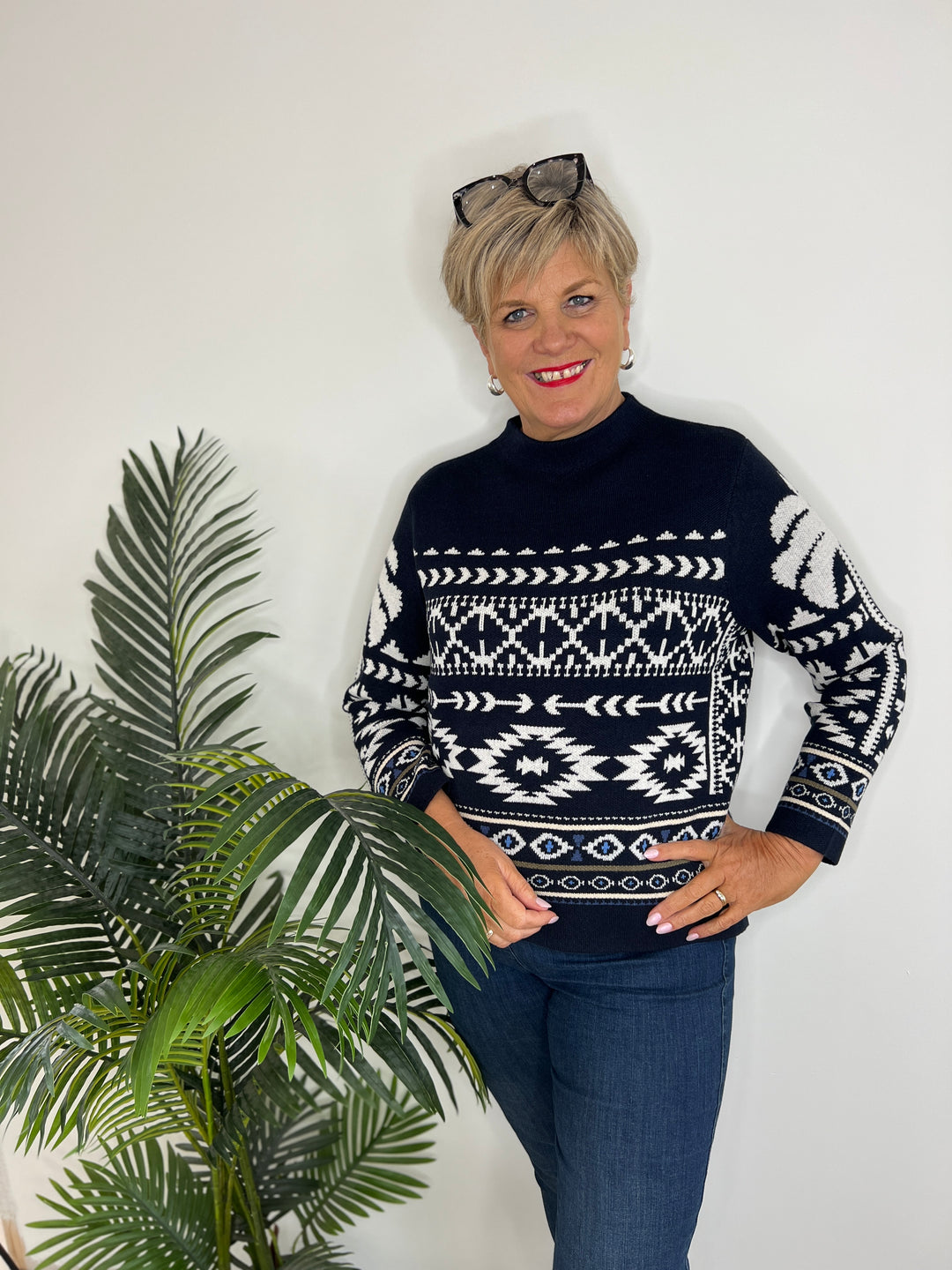 Oui Norwegian Pattern Pullover In Dark blue & white