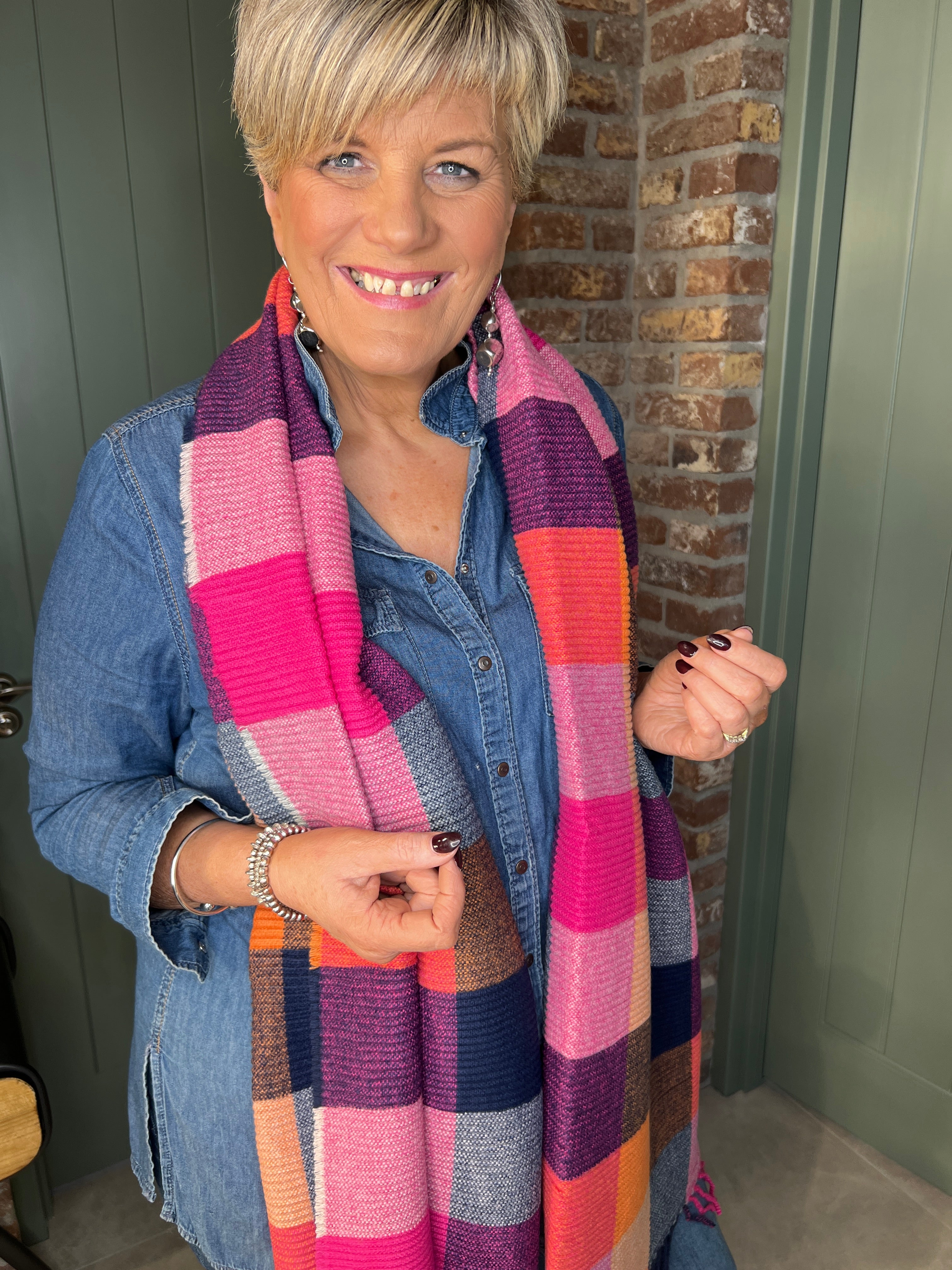 Sophie Pleated Tartan Scarf In Pink Multi