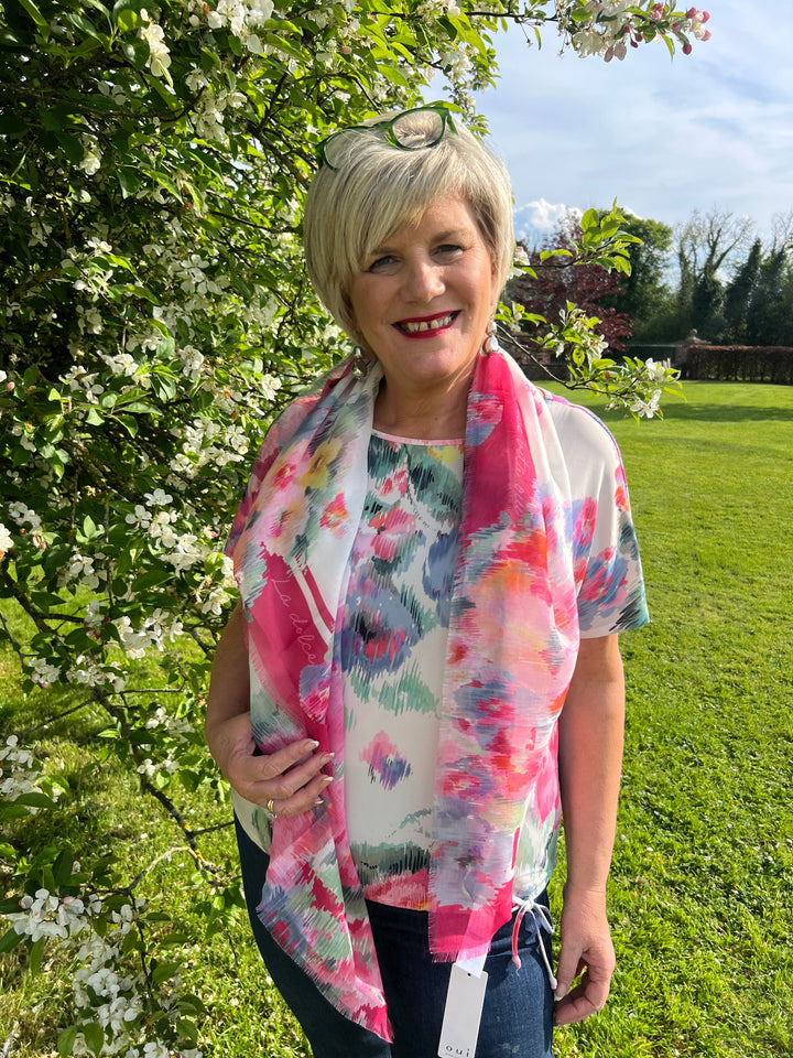 Oui Floral Top With Tie In Pink & Green