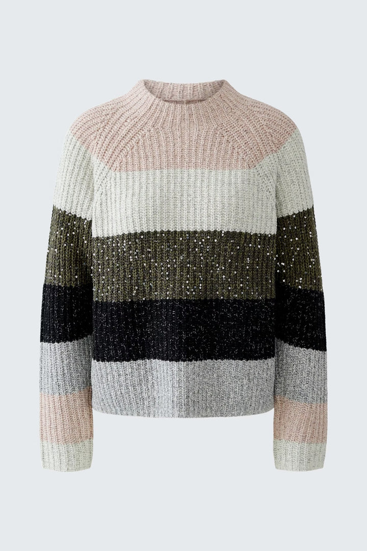 Oui Block Striped Pullover In Khaki Rose