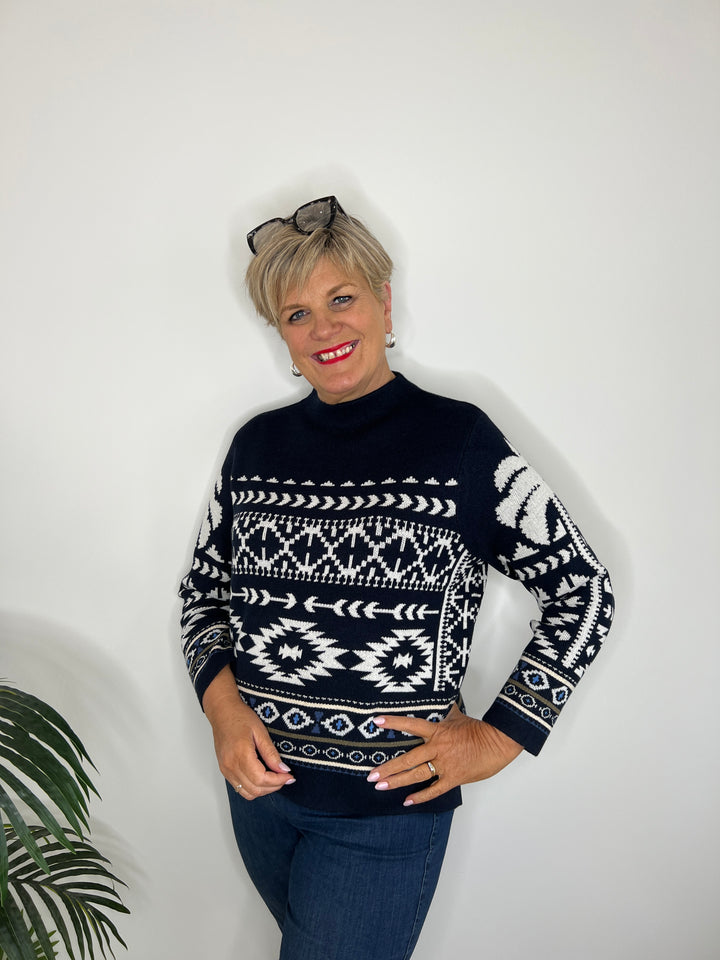 Oui Norwegian Pattern Pullover In Dark blue & white