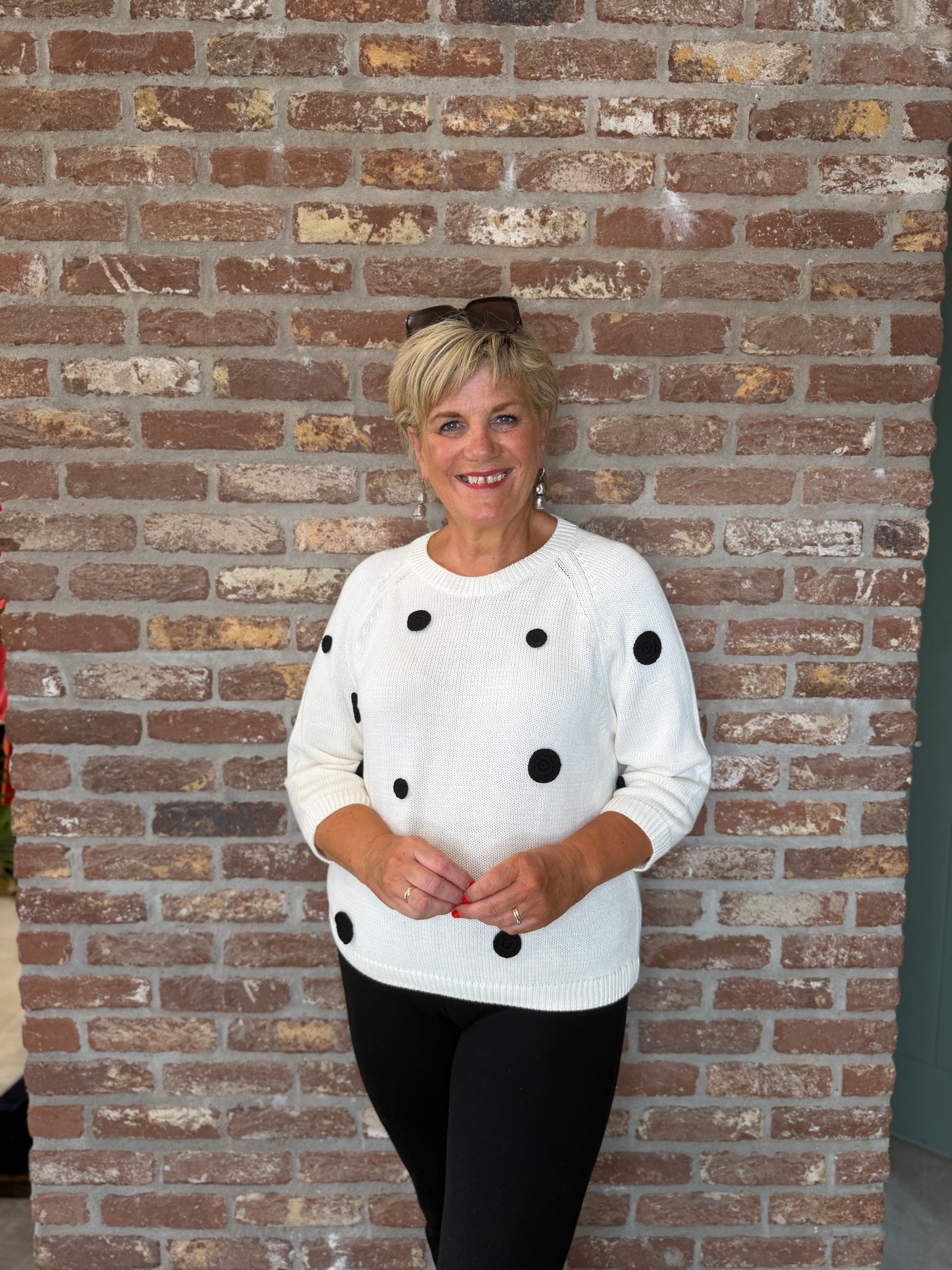 Oui crocheted appliquéd dots jumper in white & black