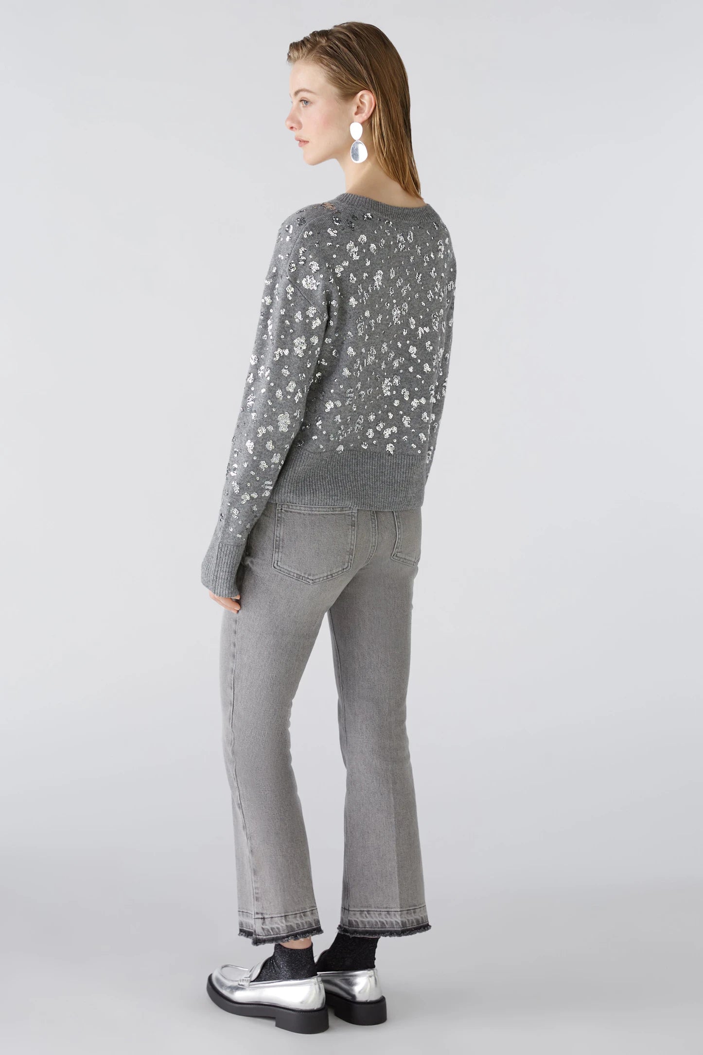 Oui Pullover With Silver Sequence In Grey