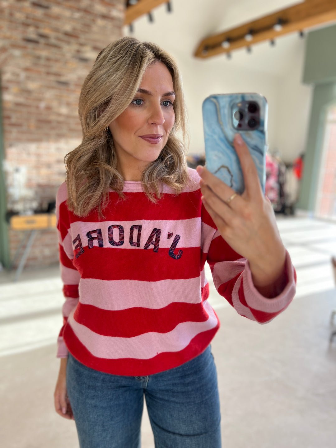 Oui Jadore Striped Pullover In Pink Rose