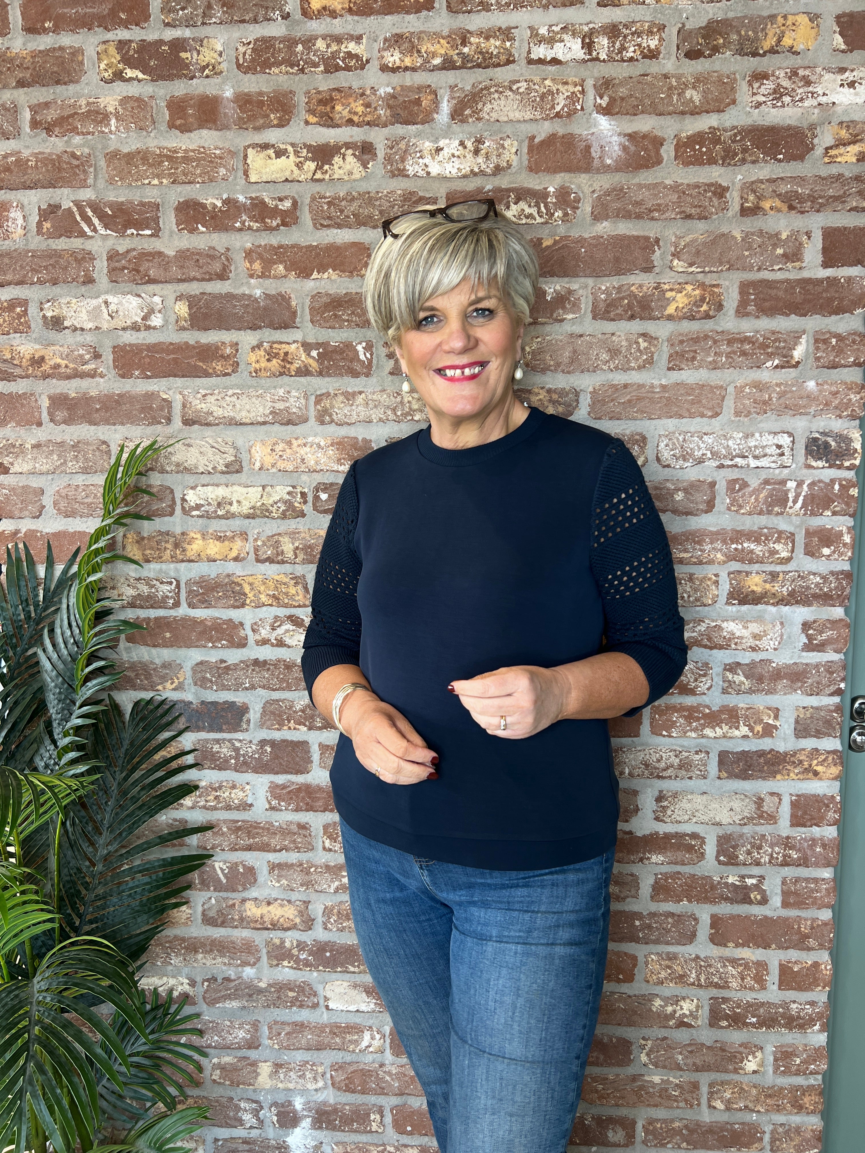 Street One sweatshirt with knitted sleeve In Navy