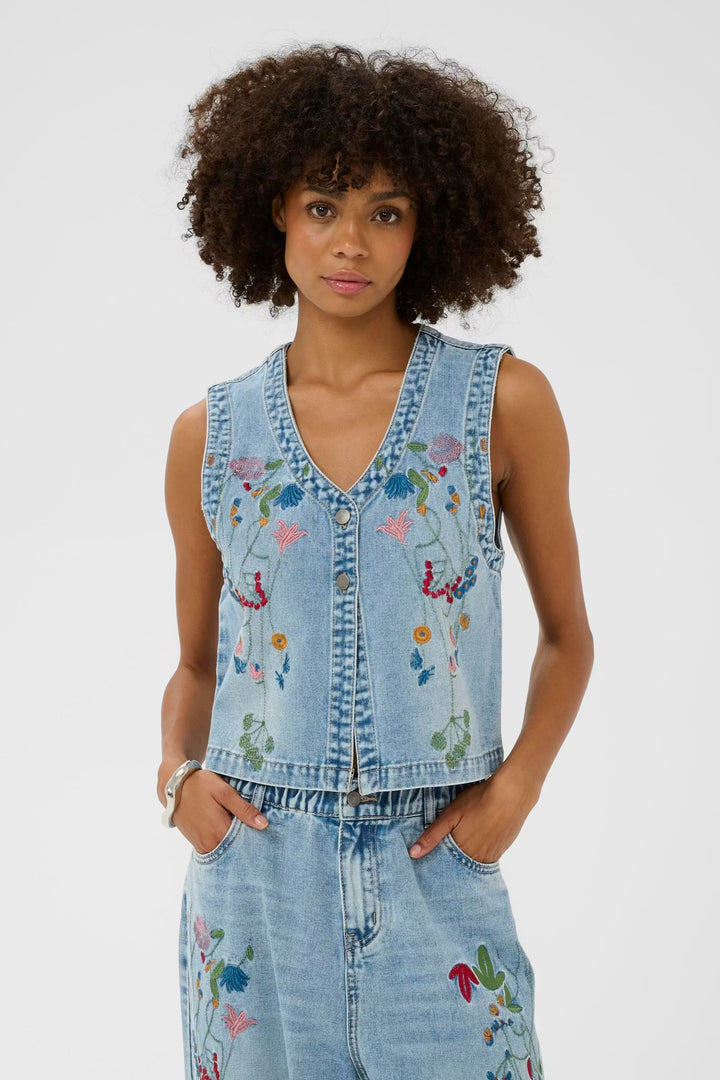 Culture Embroidery Waistcoat In Light Wash
