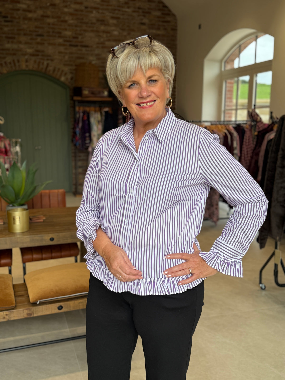 Striped shirt blouse in white & violet