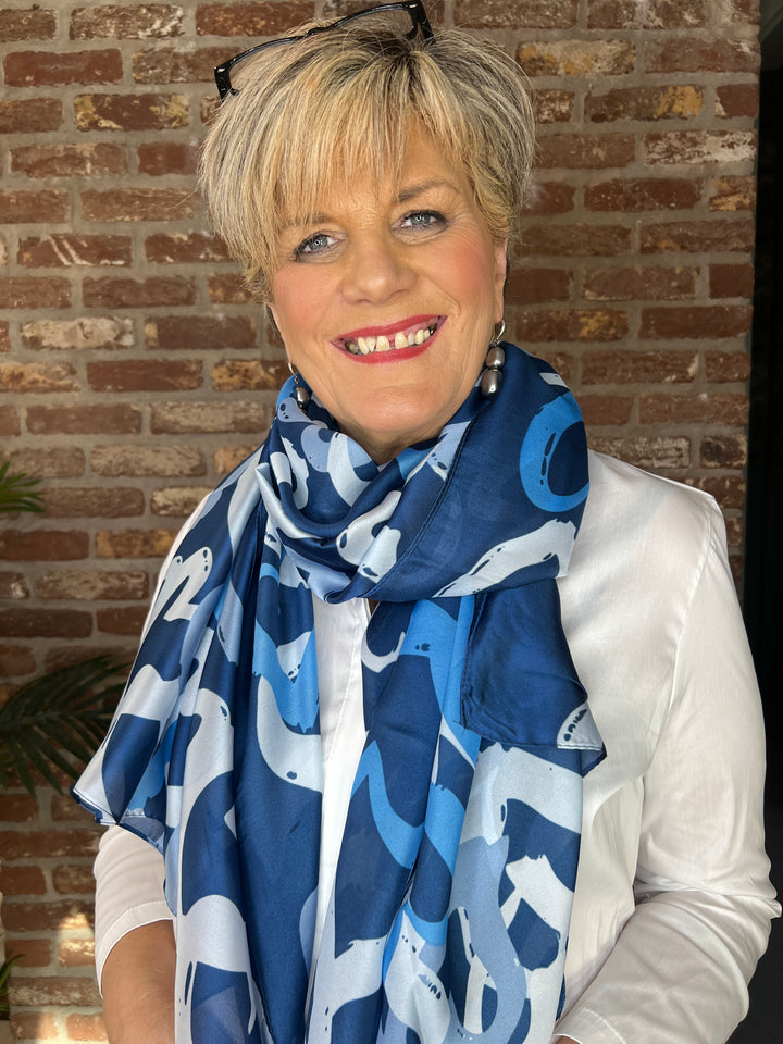 Pipa Heart Silk Scarf In Blue Multi