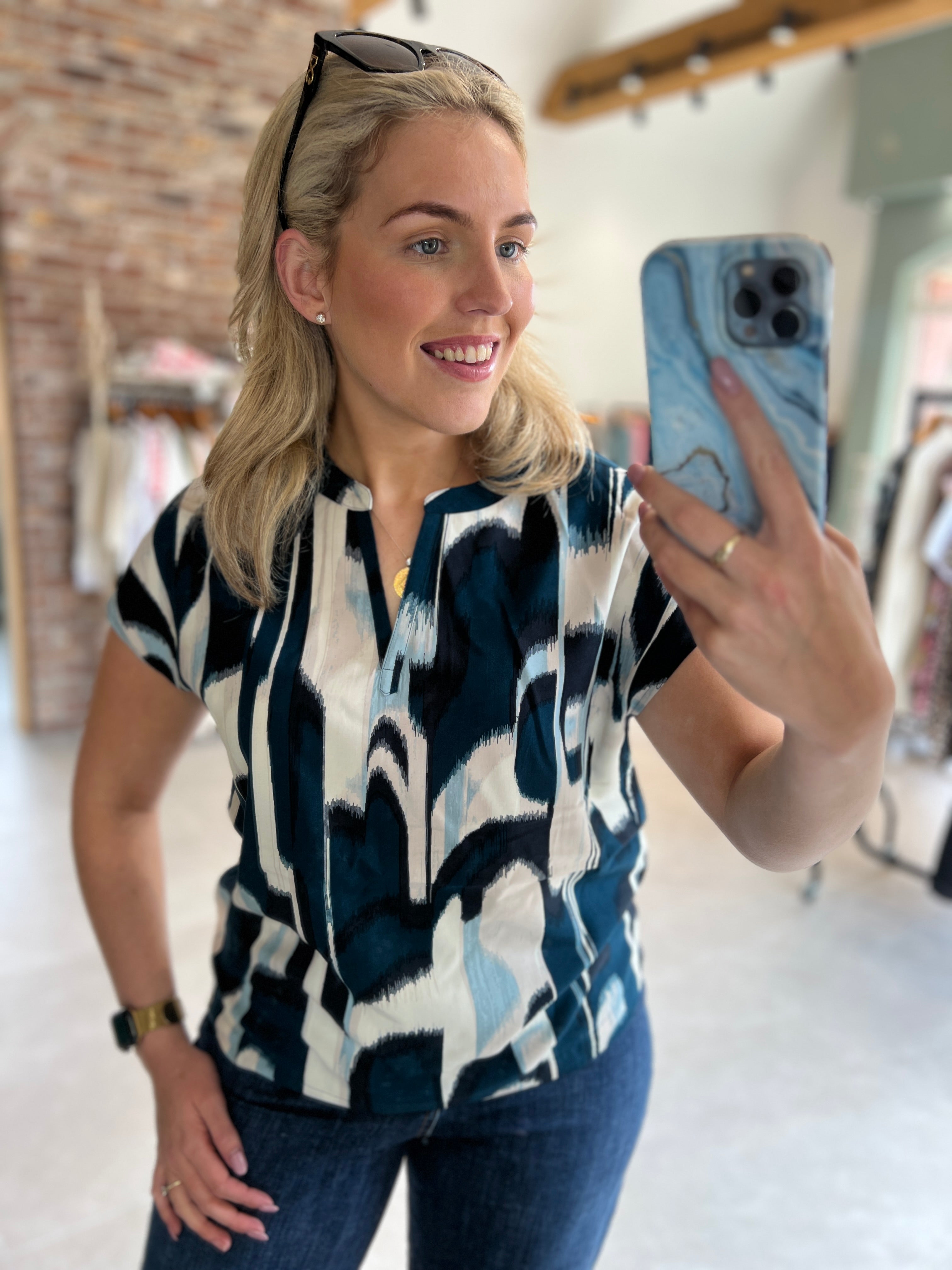 Street One Patterned Blouse In Tide Blue