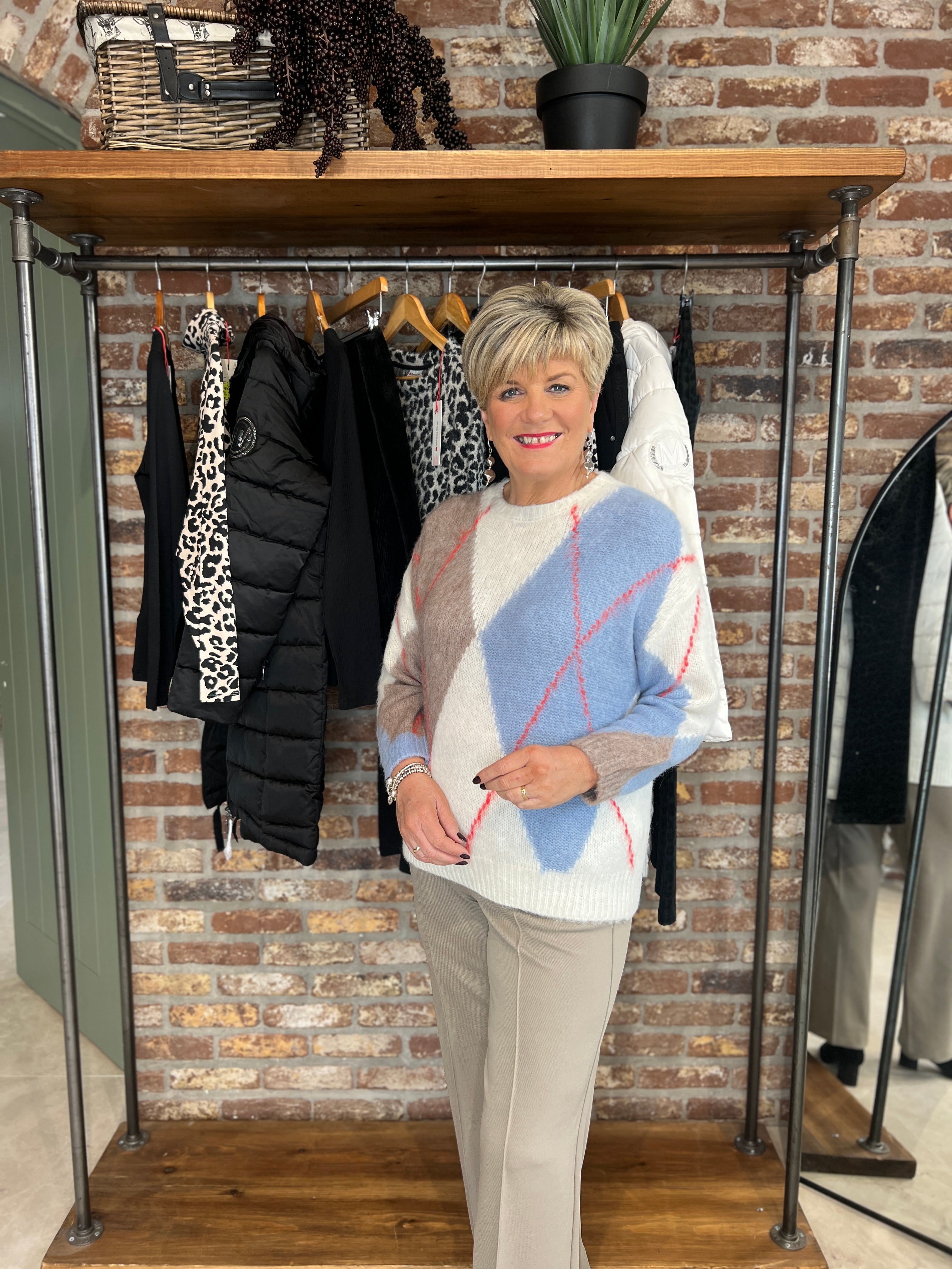 Oui Jacquard Pullover In Blue & White