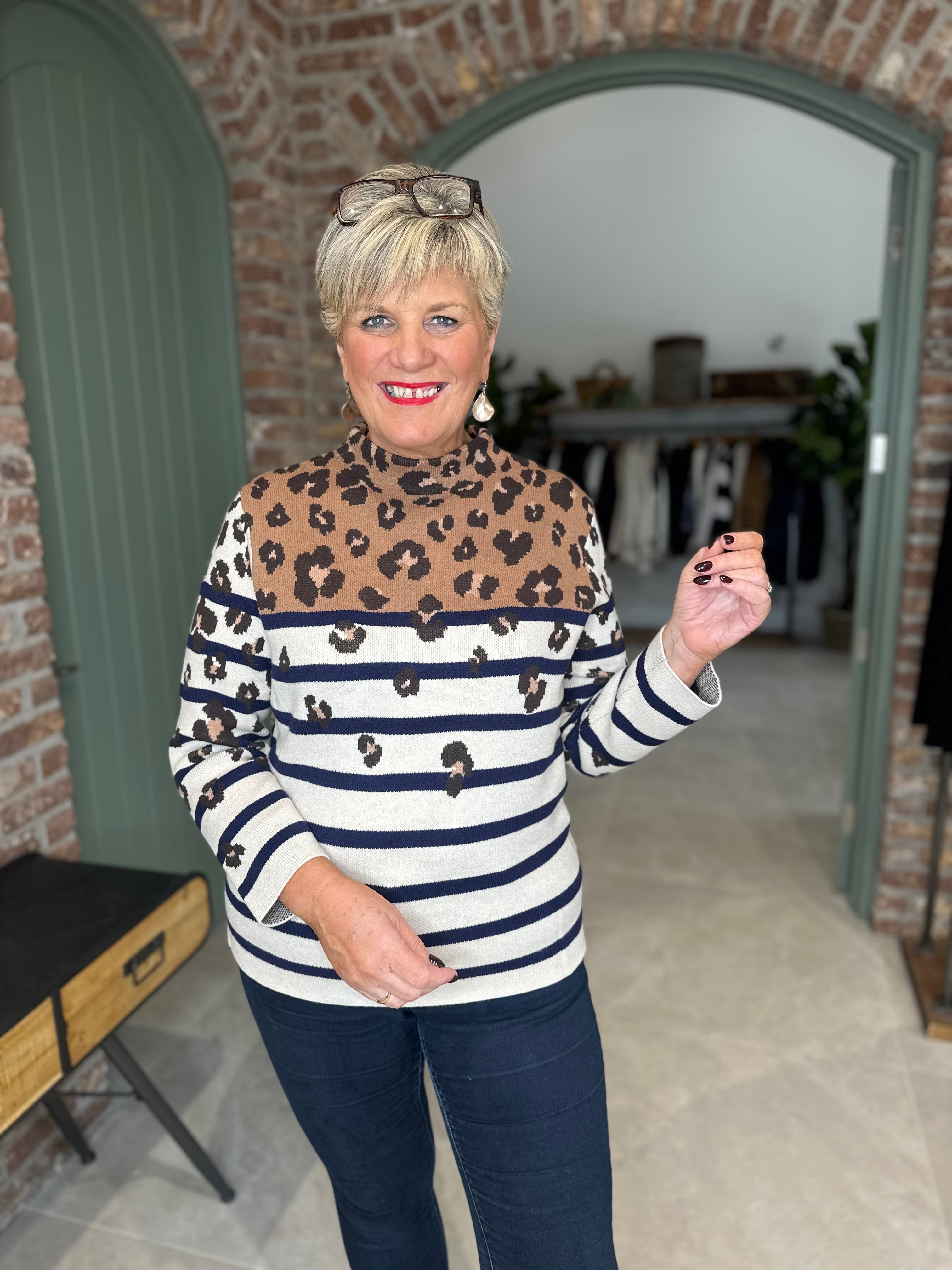 Oui Pullover With Leopard In Off White & Camel