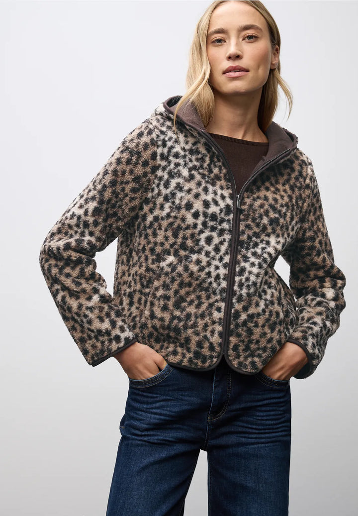 Street One Leo Print Teddy Jacket In Sanded Beige