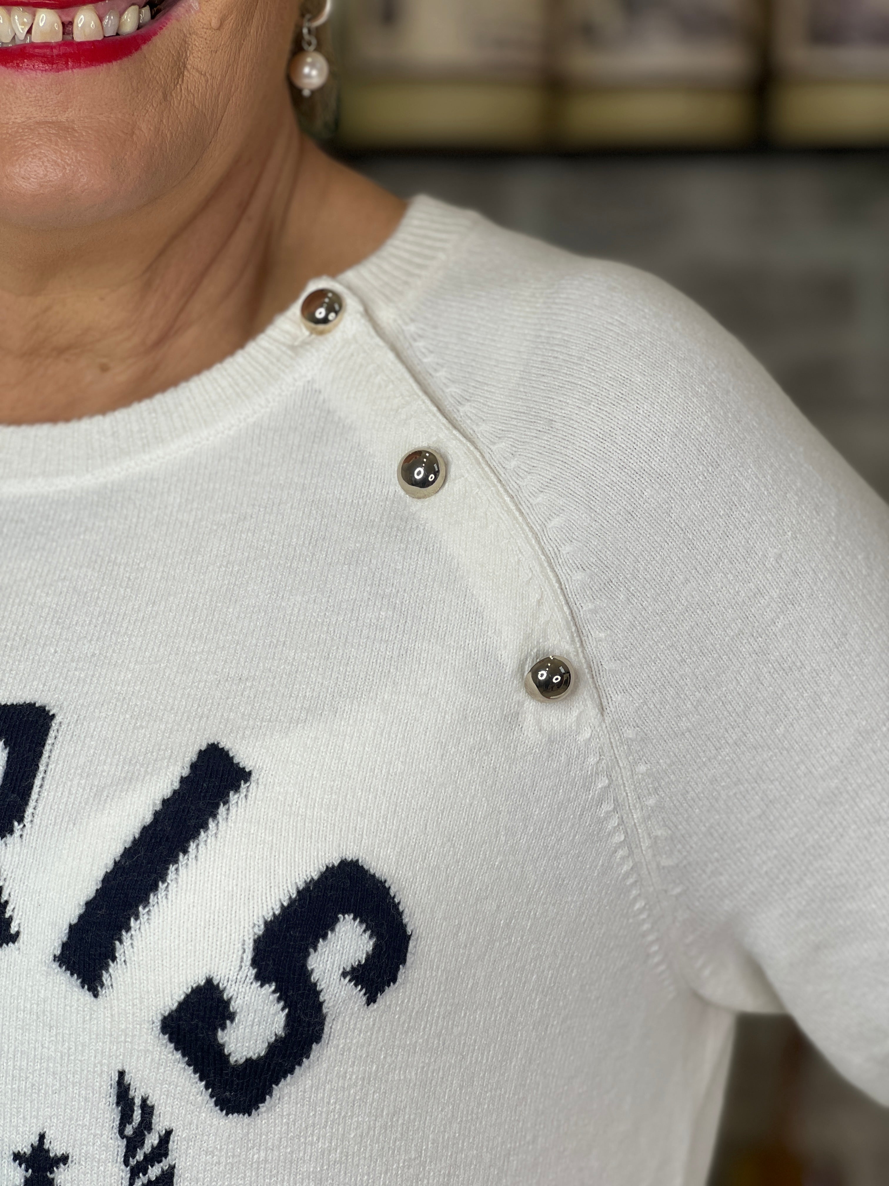 Oui Pullover With Placed Motif  In white & blue