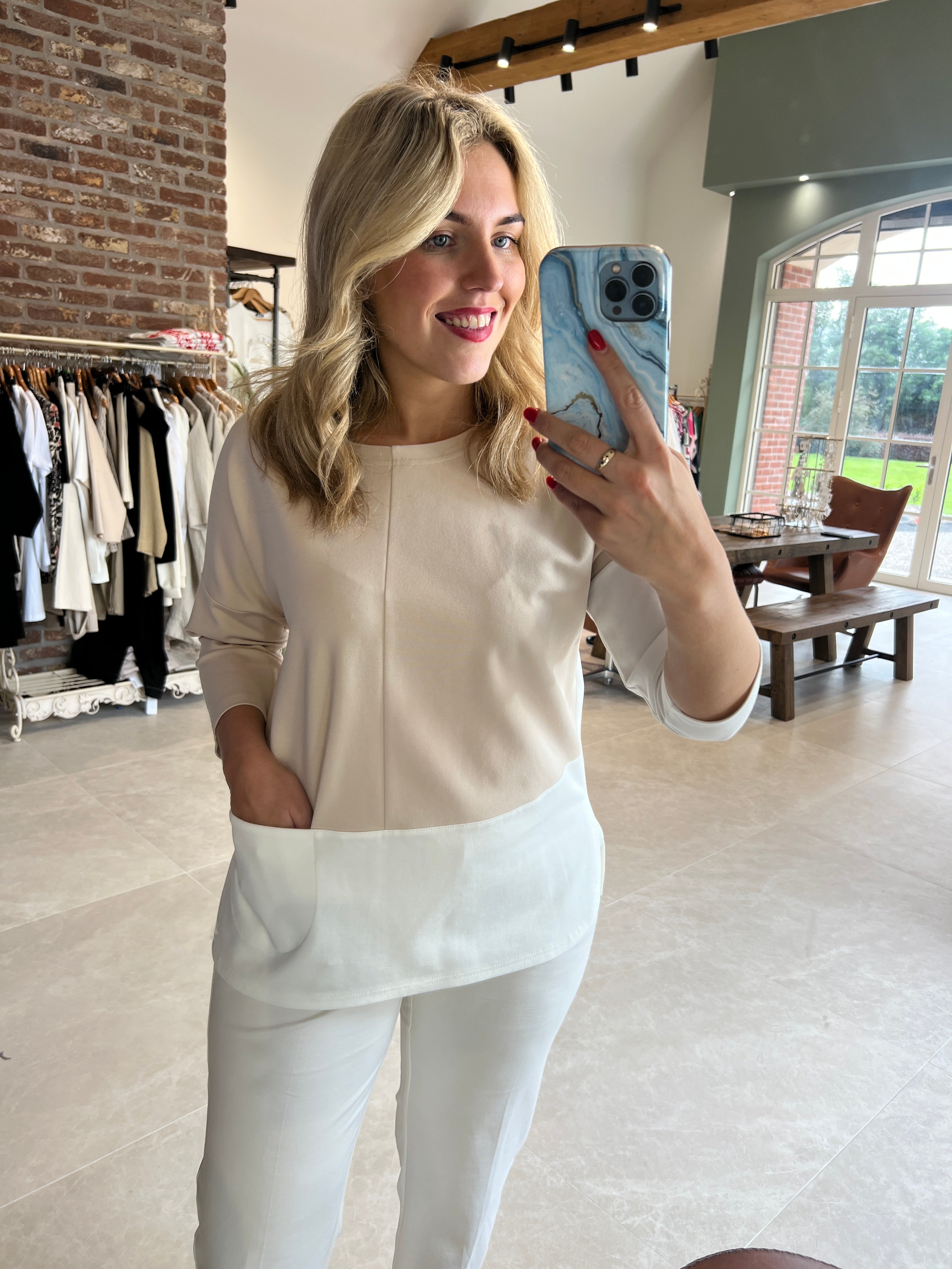 Noen Pocket top In Cream & Stone
