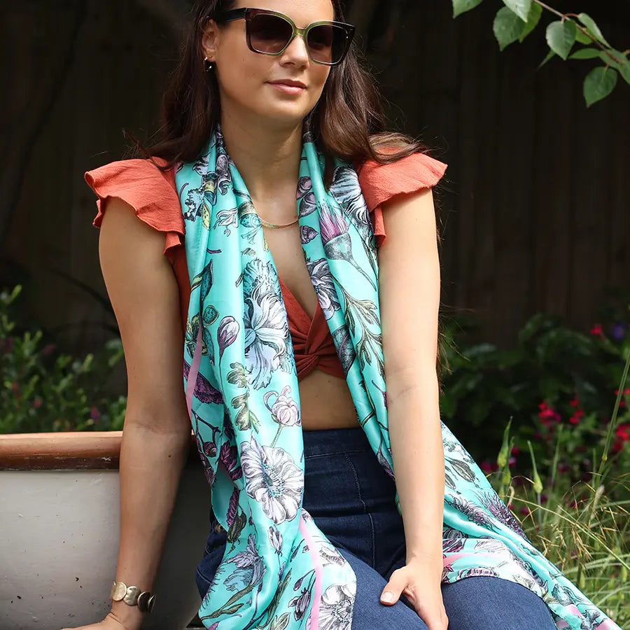 Pom botanical print silky scarf In Turquoise