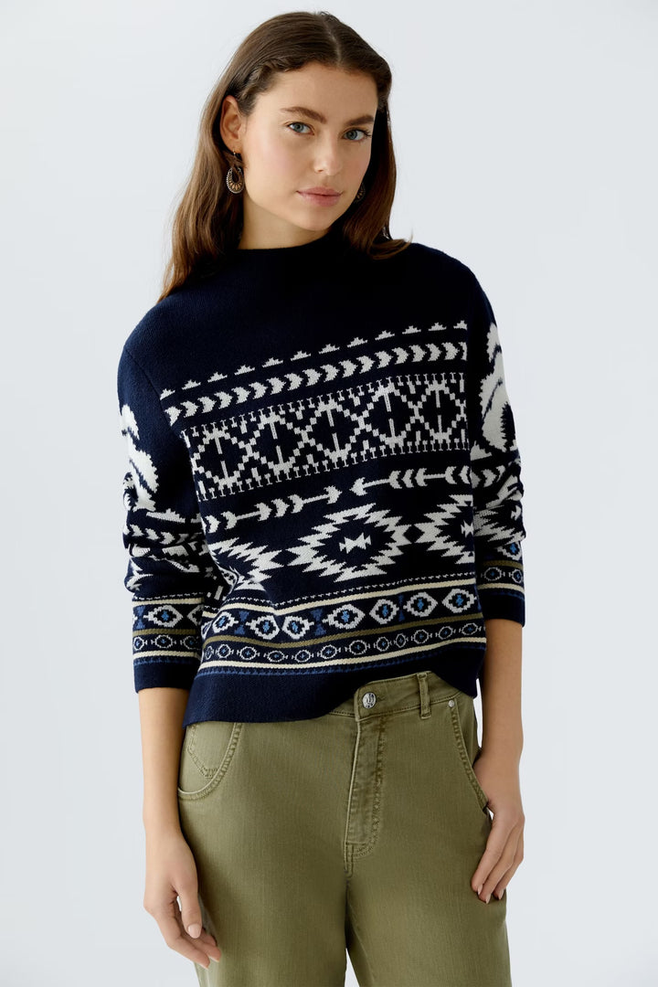 Oui Norwegian Pattern Pullover In Dark blue & white