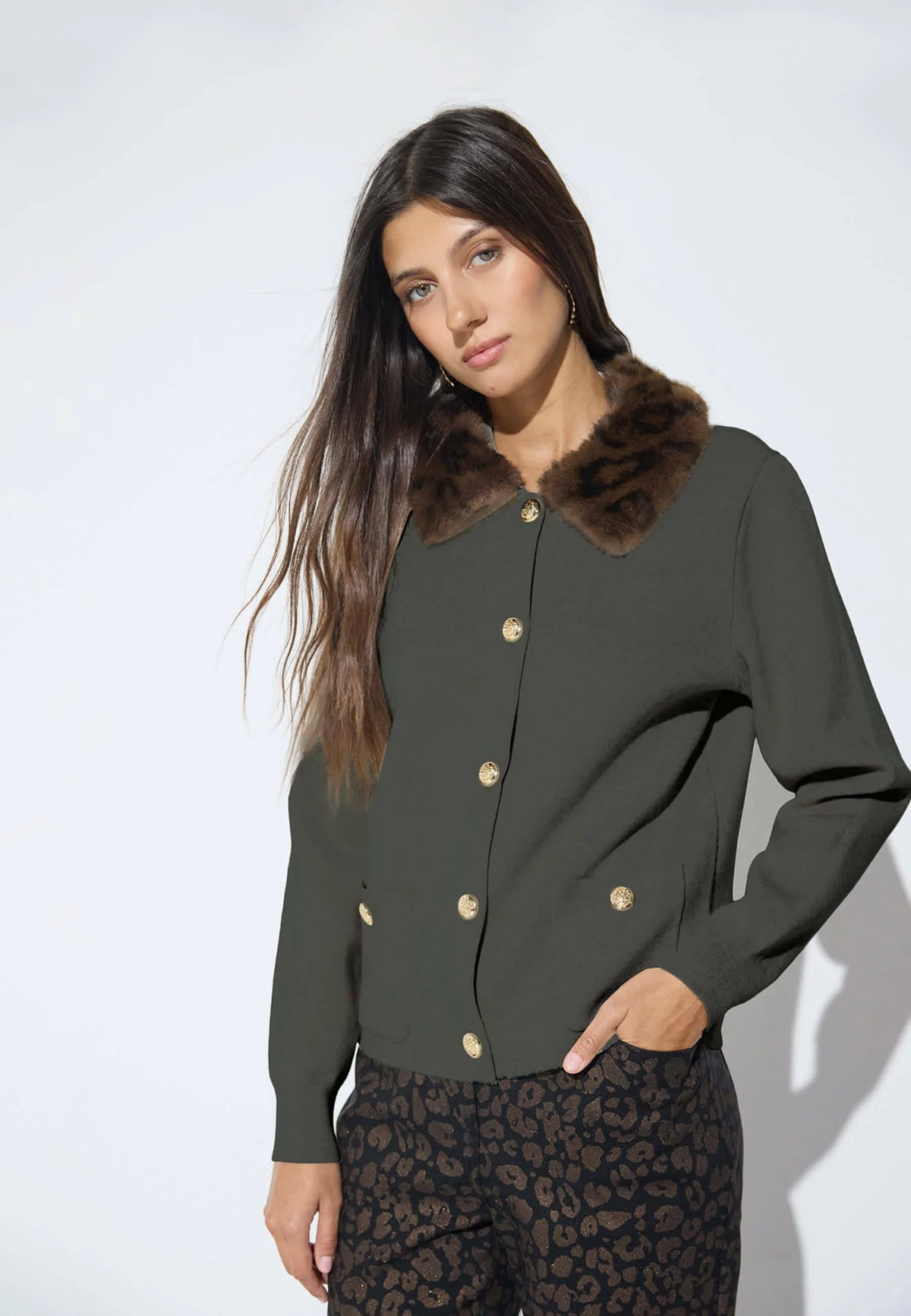 Leopard print knit jacket in khaki