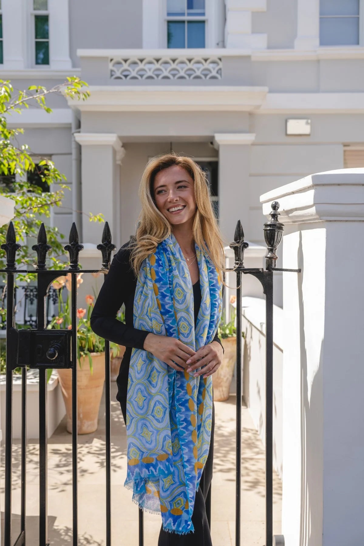 Pipa Patterned Silk Scarf In Blue Multi
