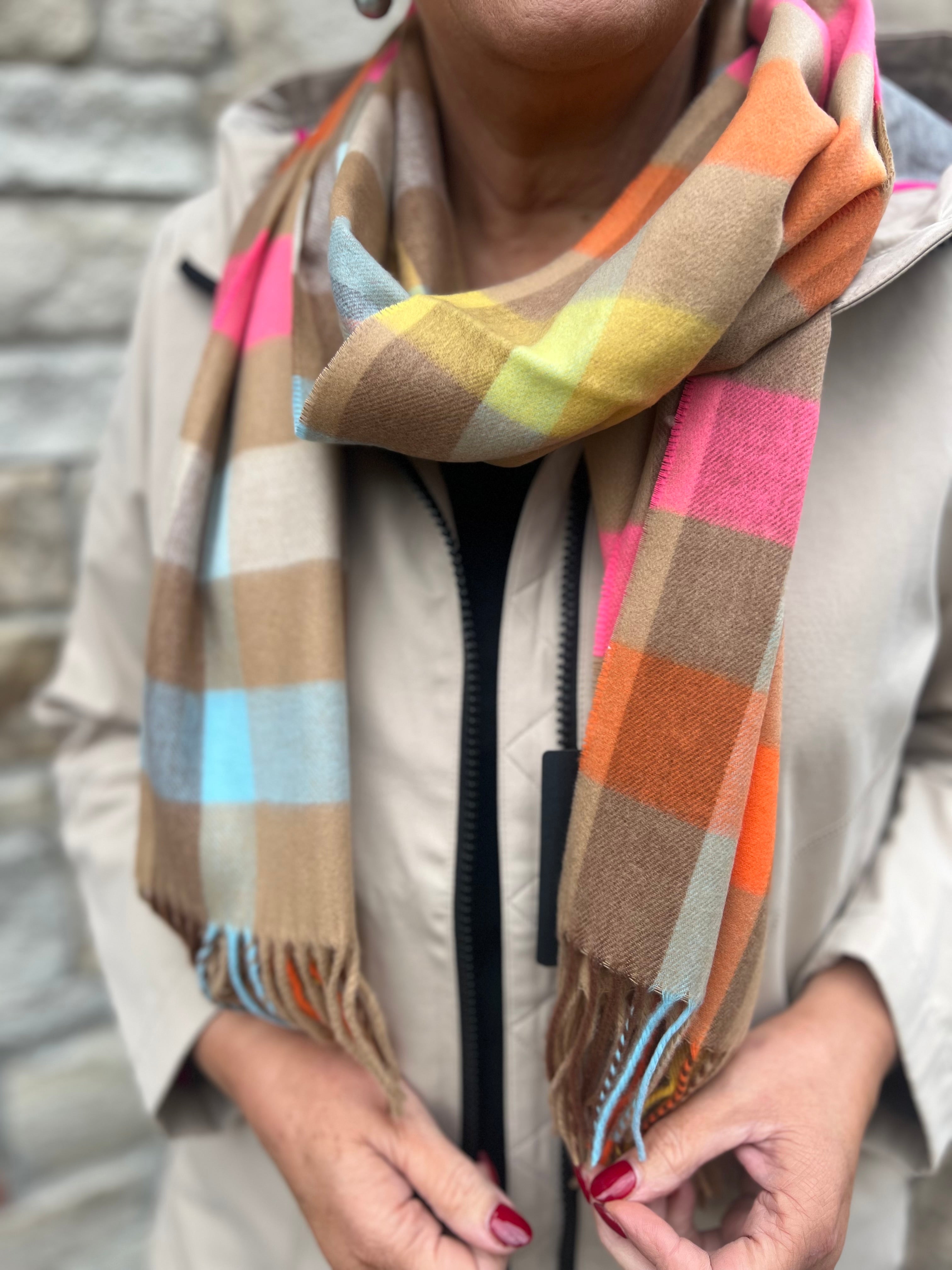 Cashmink small check design Scarf In Camel