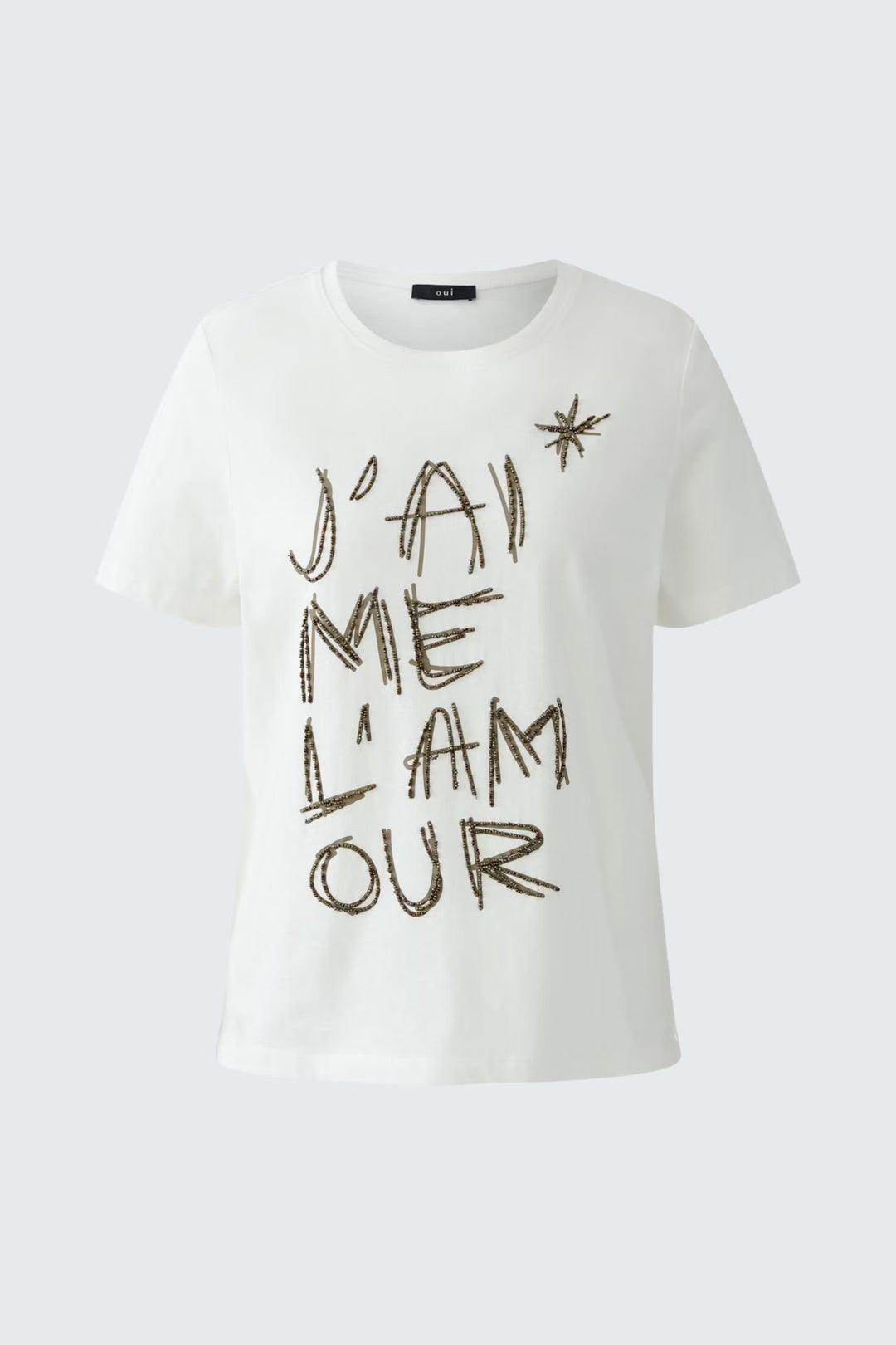 Oui Sequins & Bead T-shirt In White & Brown