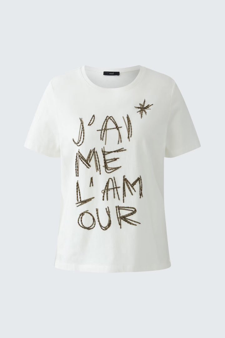 Oui Sequins & Bead T-shirt In White & Brown