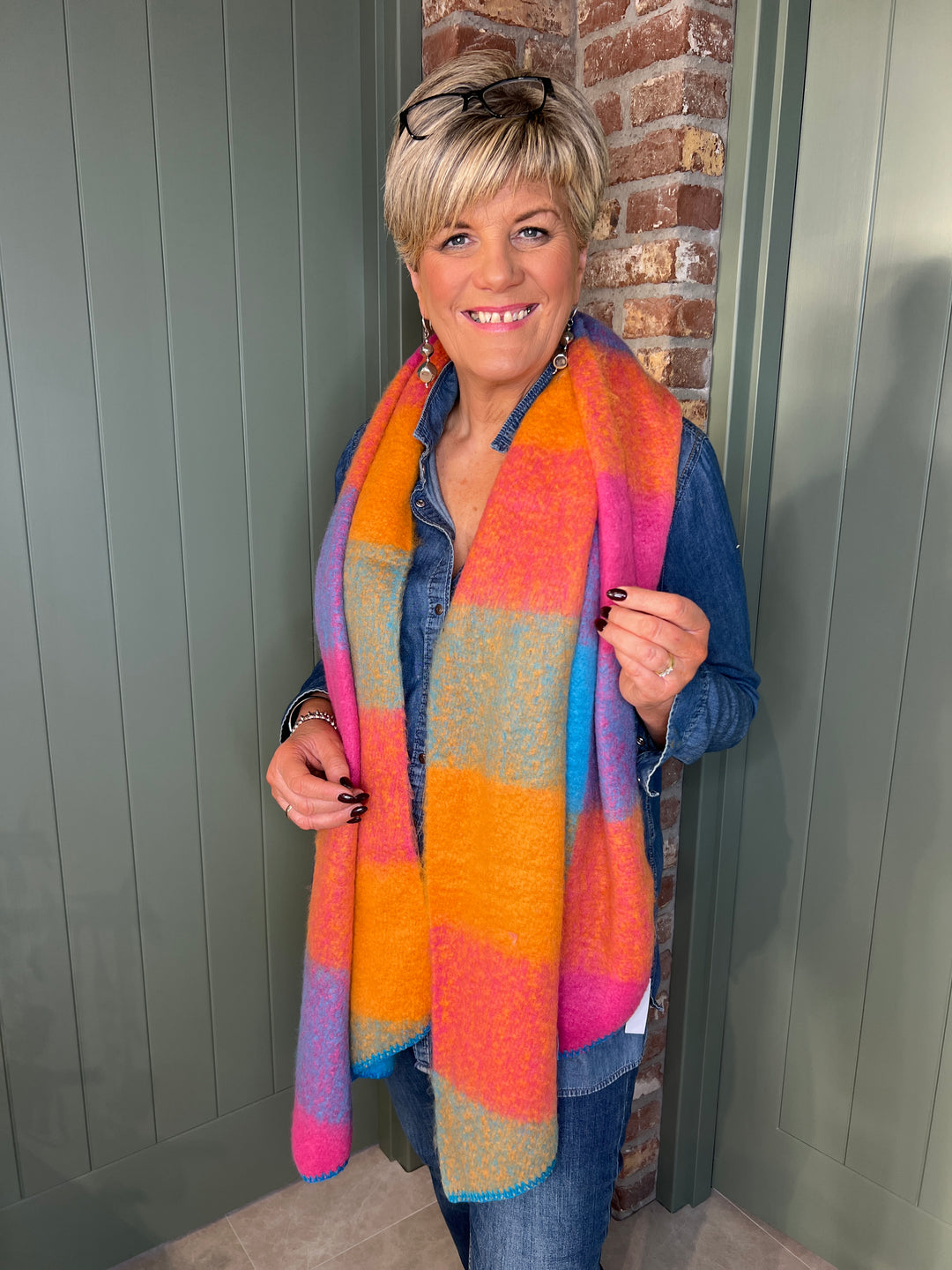 Sophie Tartan Angled Scarf In Blue Multi