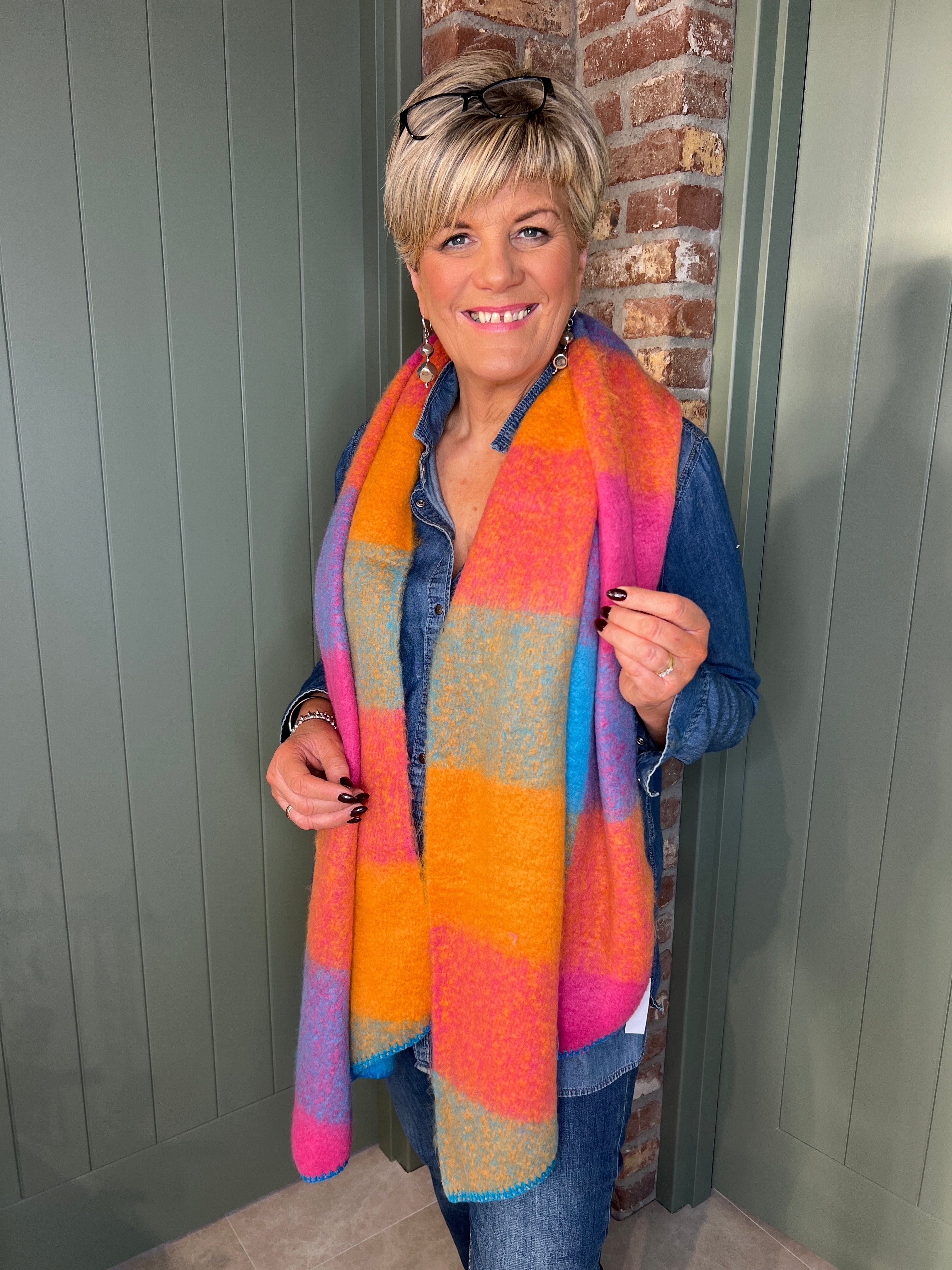 Sophie Tartan Angled Scarf In Blue Multi