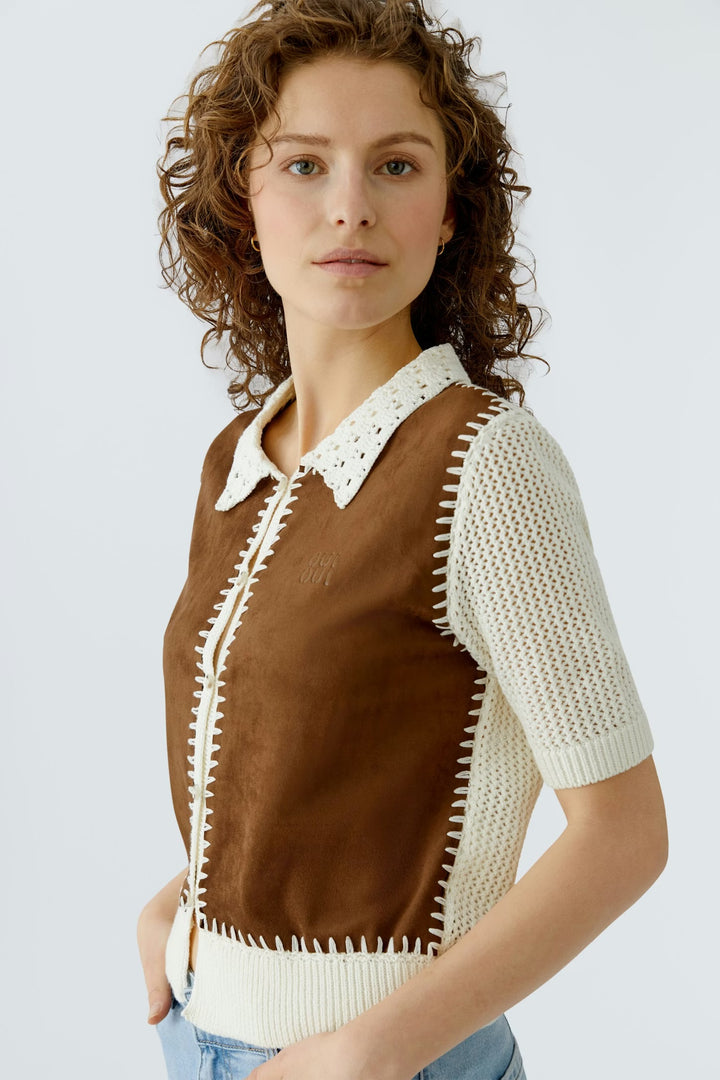 Oui Knit Jacket In White & Brown