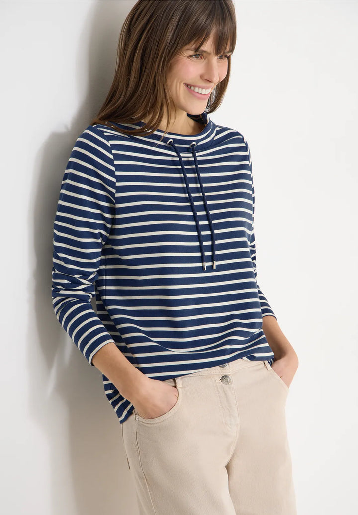 Cecil Striped Funnel Neck Sweatshirt In Sporty Denim