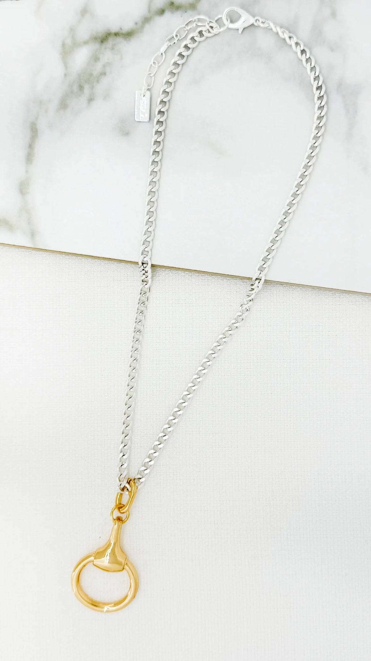 Short silver link necklace with gold horse bit pendant