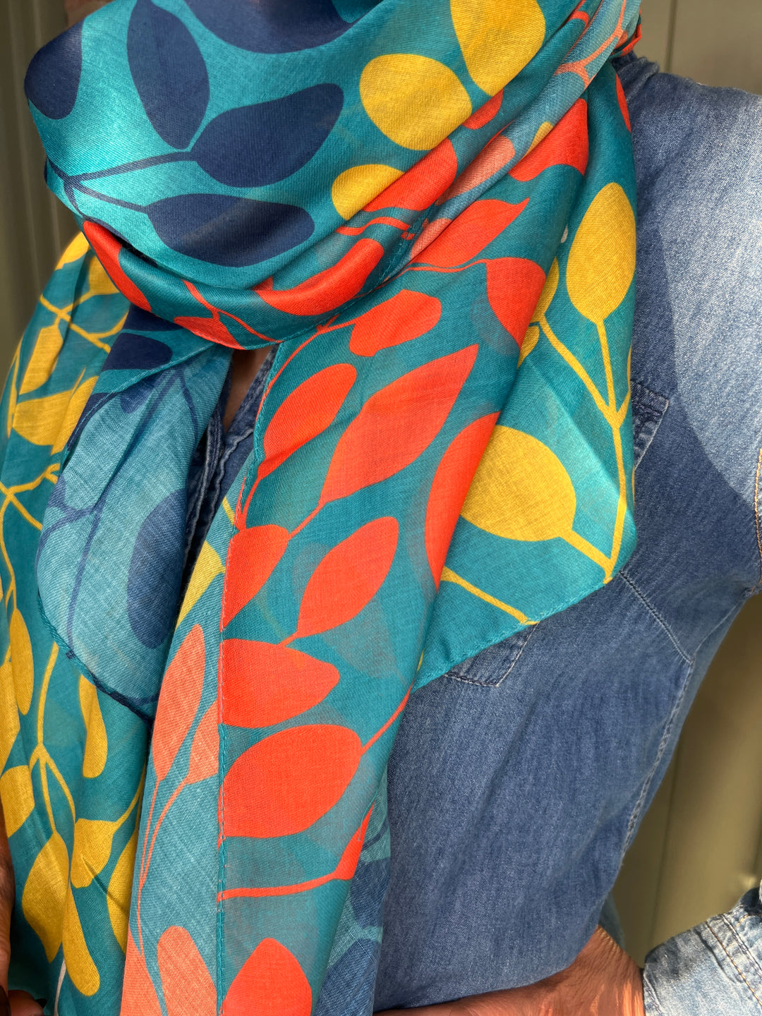 Sophie Leafy Branches Scarf In Turquoise