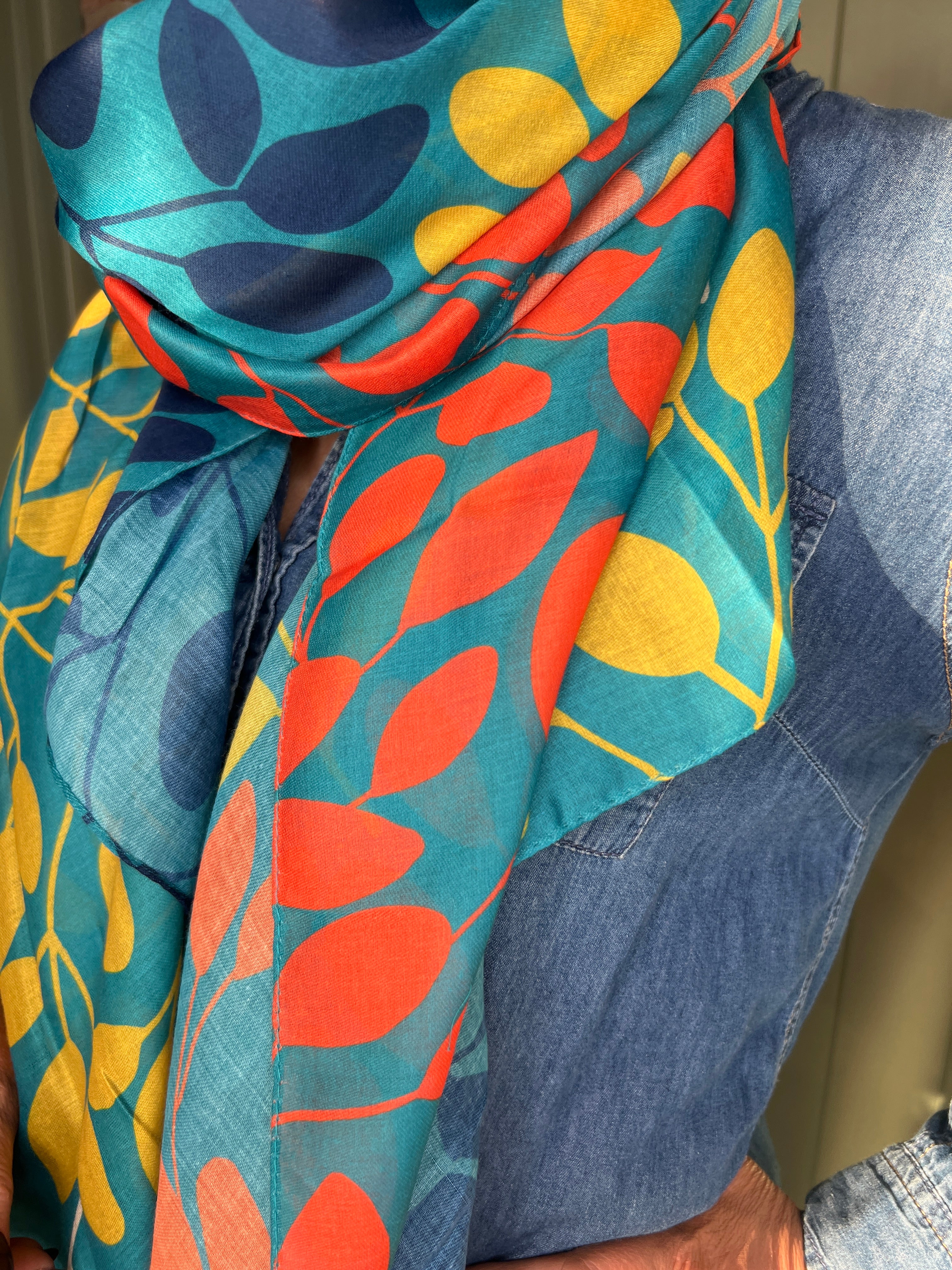Sophie Leafy Branches Scarf In Turquoise