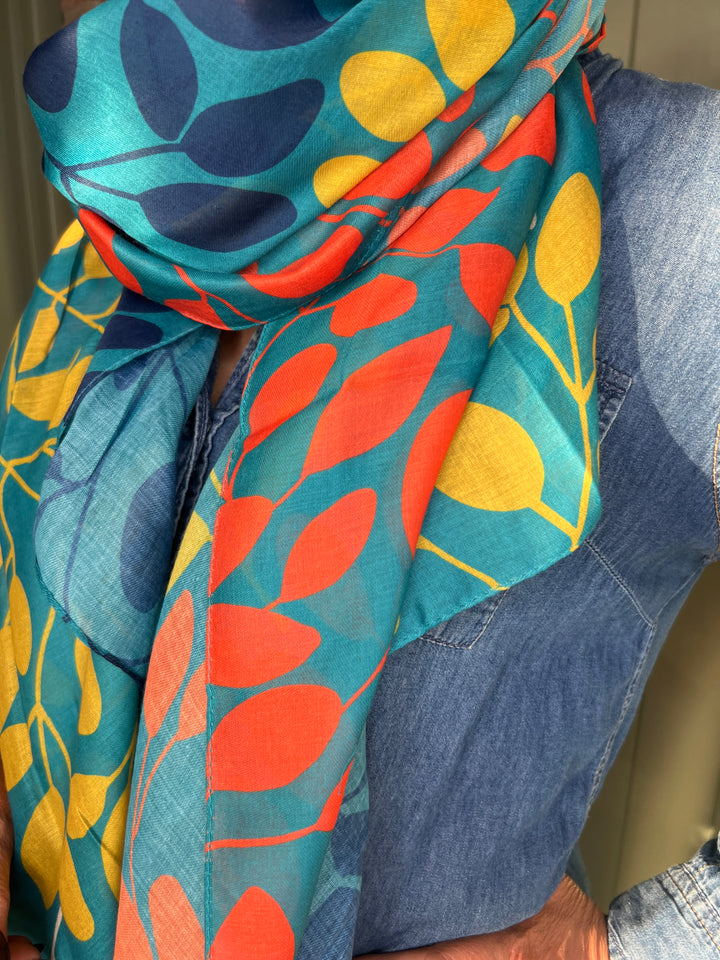 Sophie Leafy Branches Scarf In Turquoise