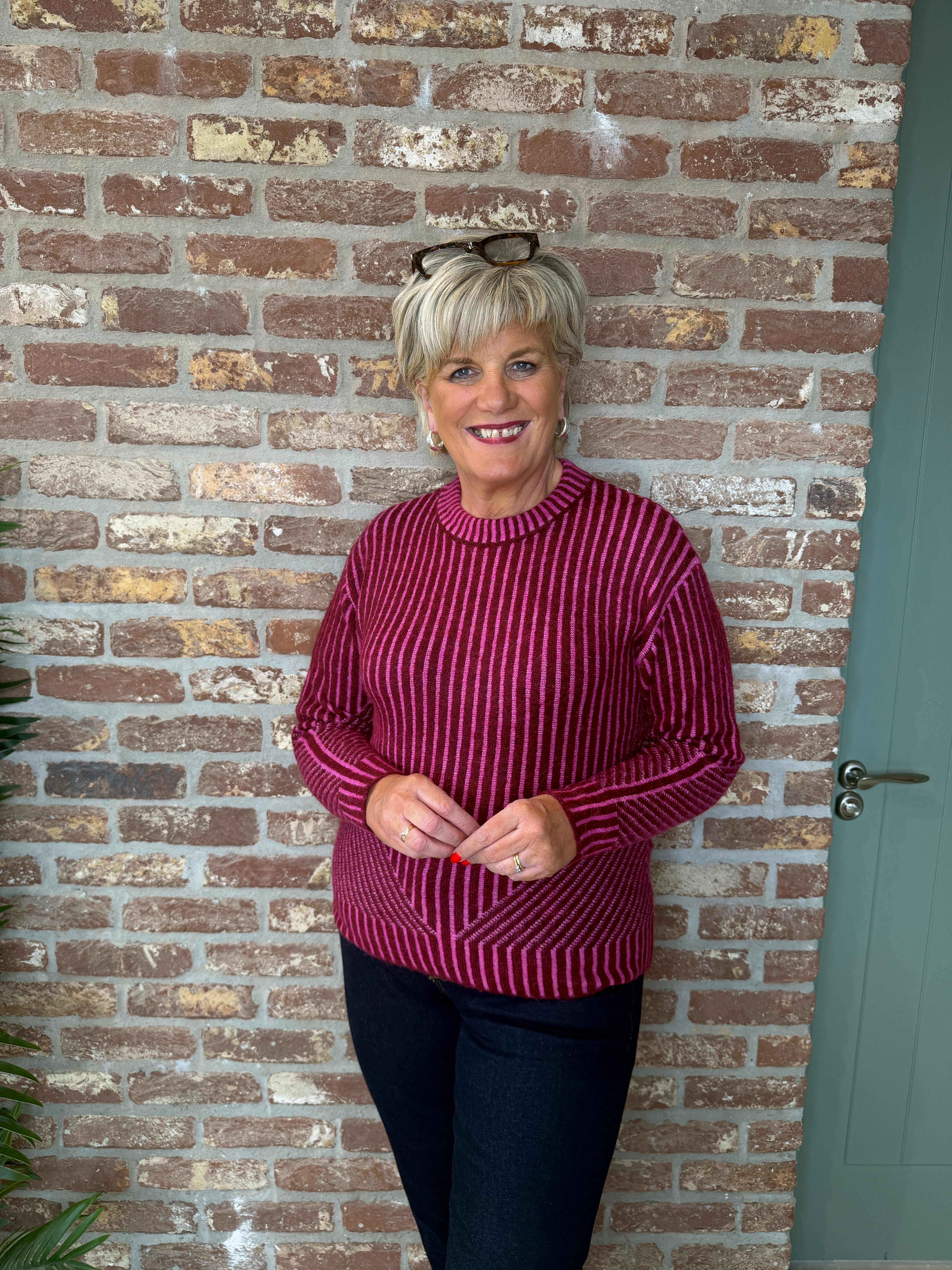 Stripe print pullover in pink & red multi