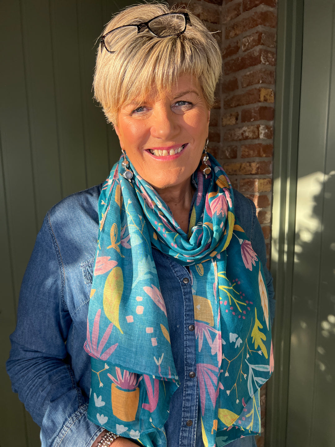 Sophie Fresh Foilage Scarf In Teal