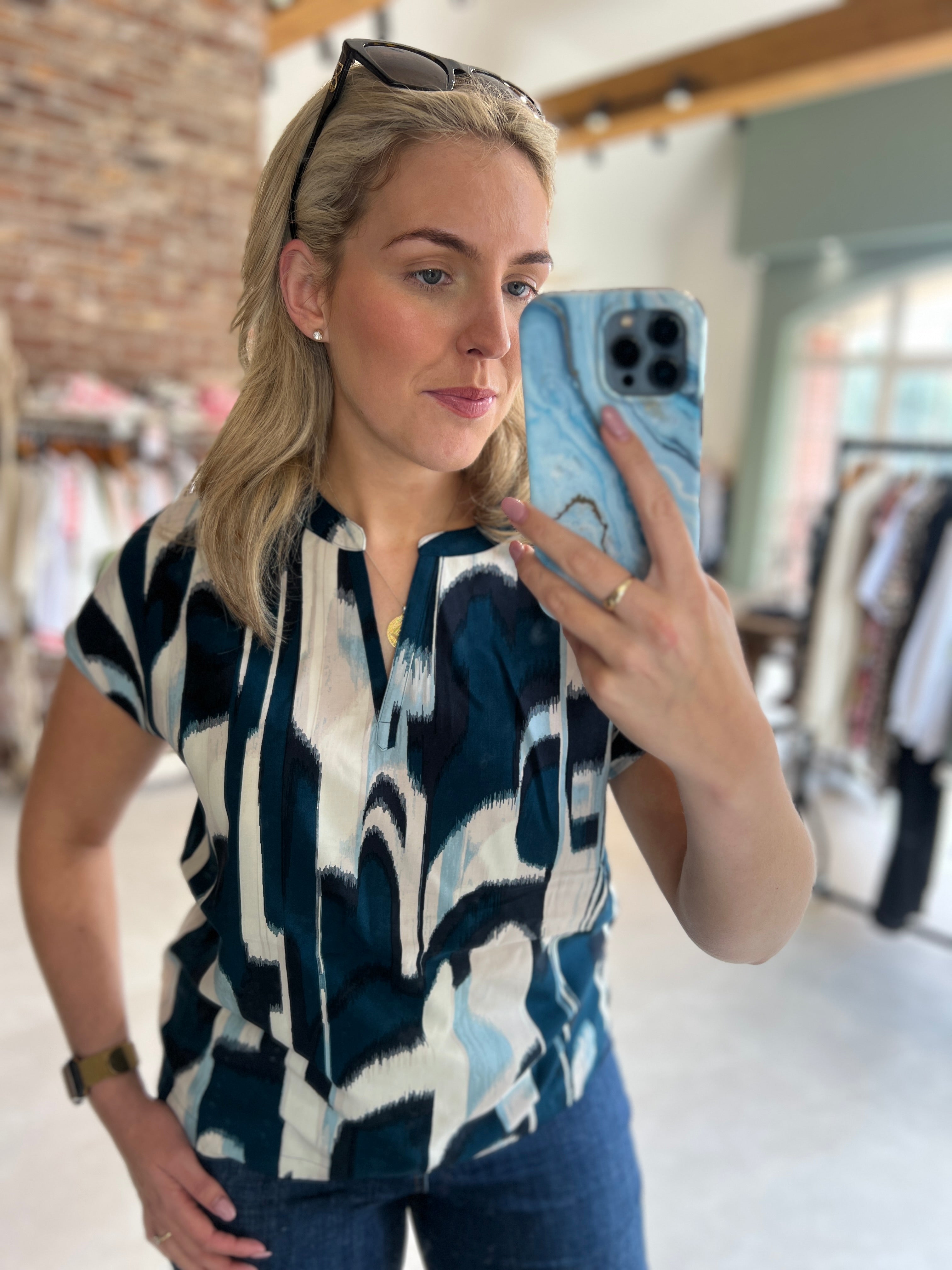 Street One Patterned Blouse In Tide Blue