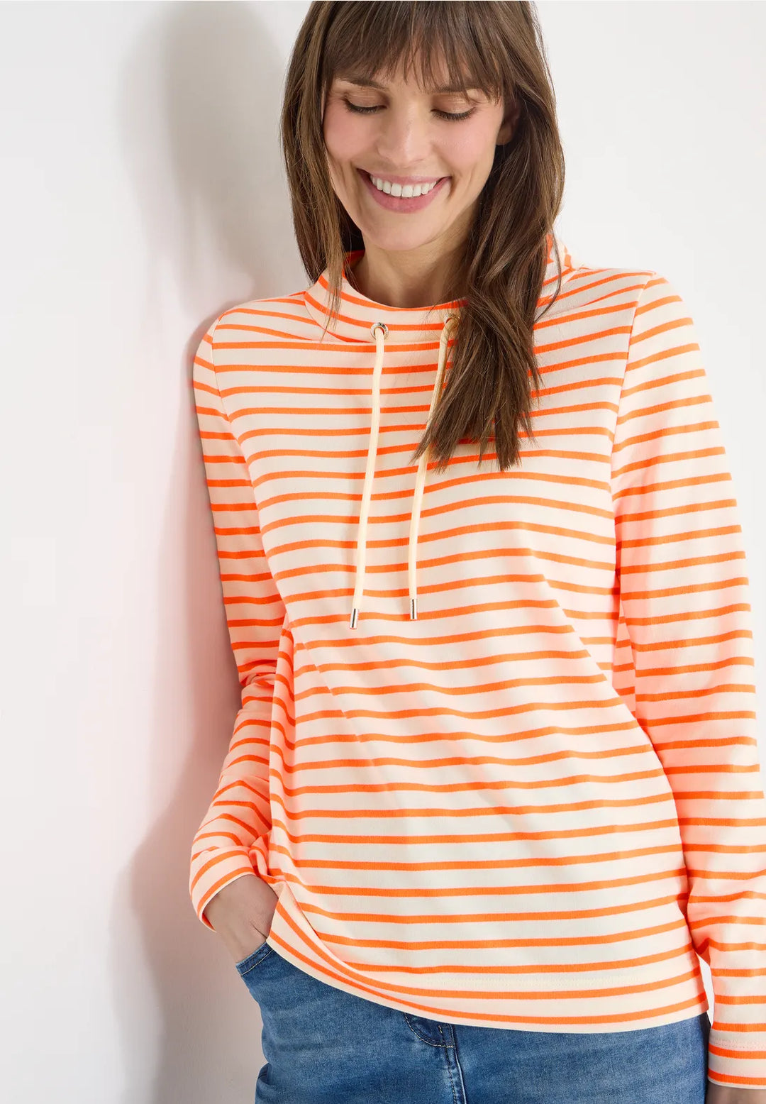 Cecil Striped Funnel Neck Sweatshirt In pearl Beige