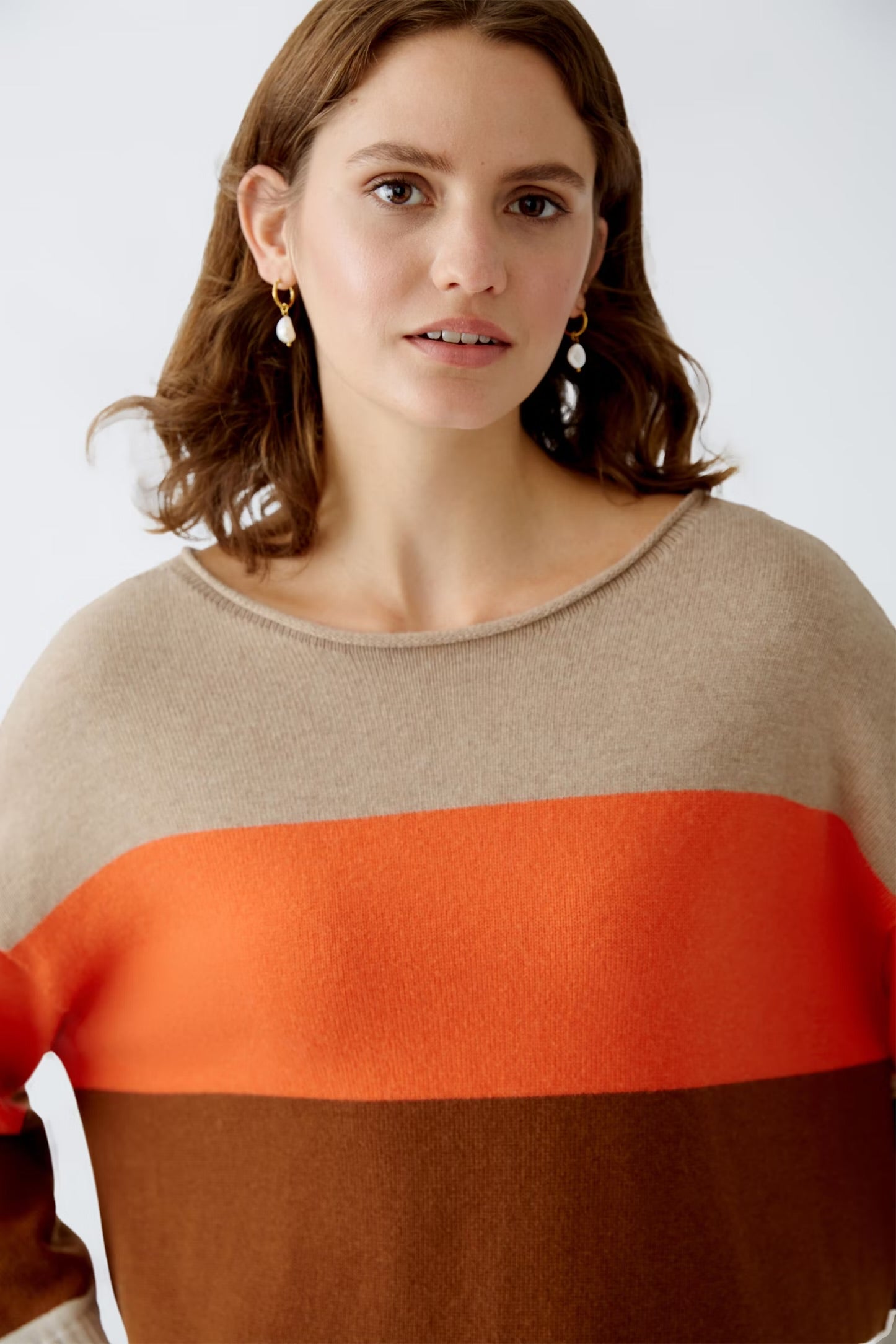 Oui Striped Jumper In Light Stone & Orange