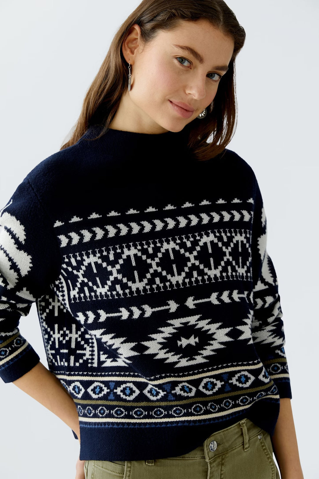 Oui Norwegian Pattern Pullover In Dark blue & white