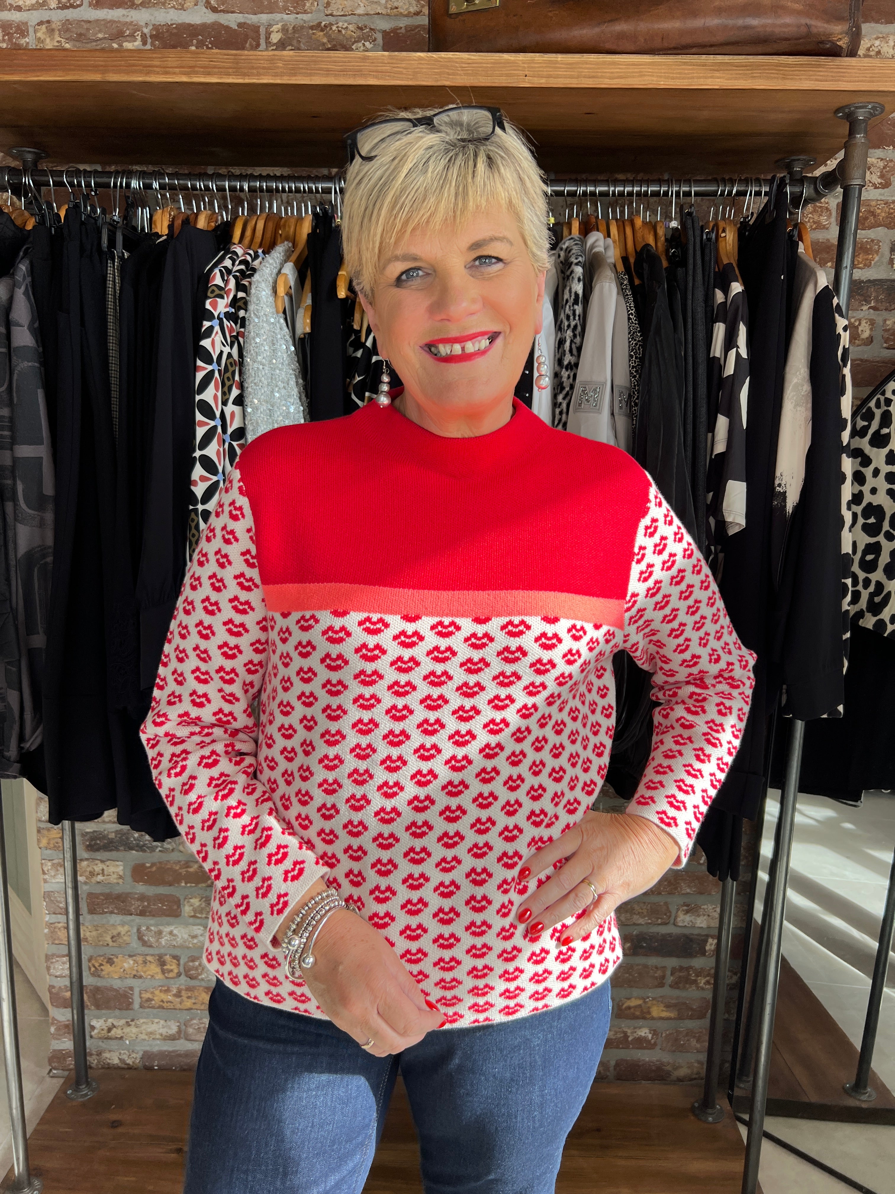 Oui Pullover With Jacquard Motif In White & Red