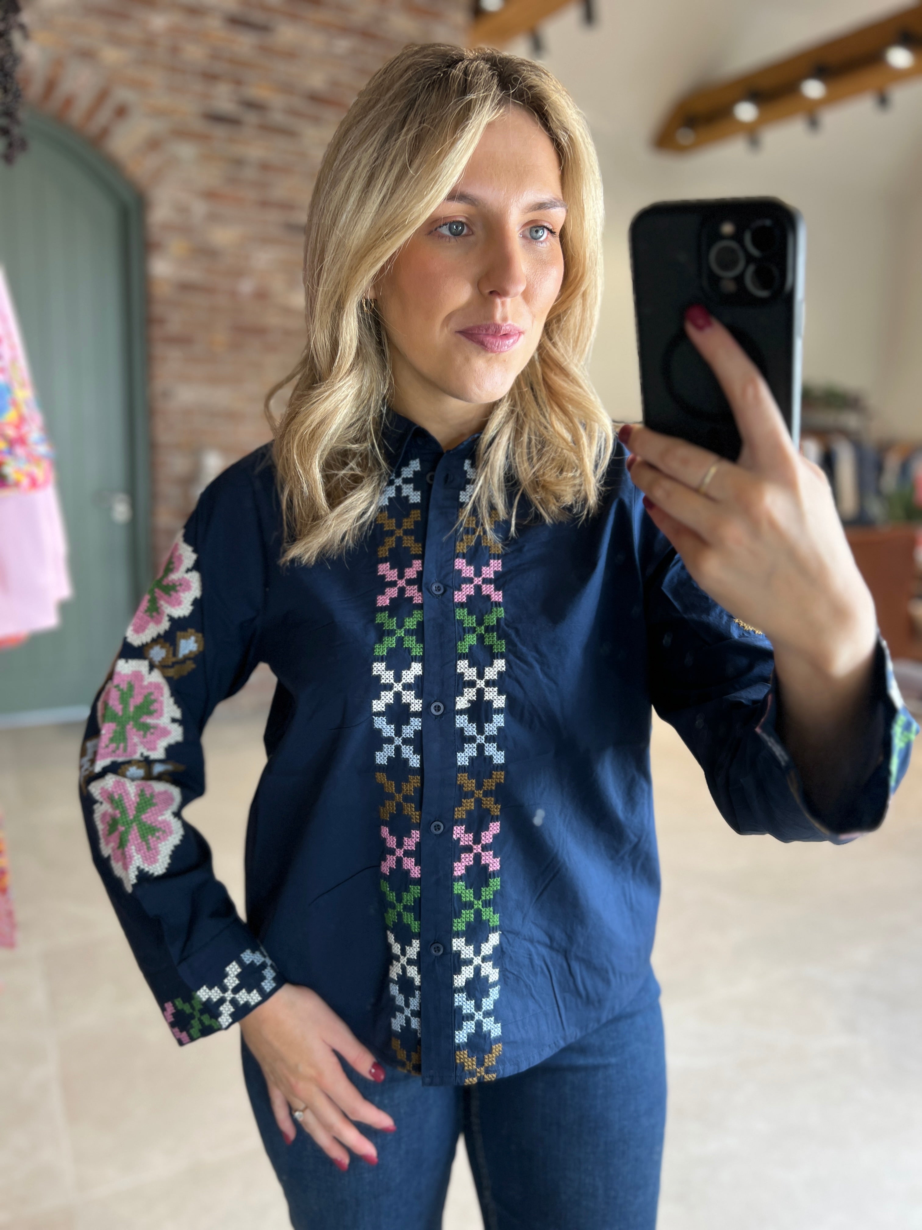 Culture Embroidery Shirt Dress Blues